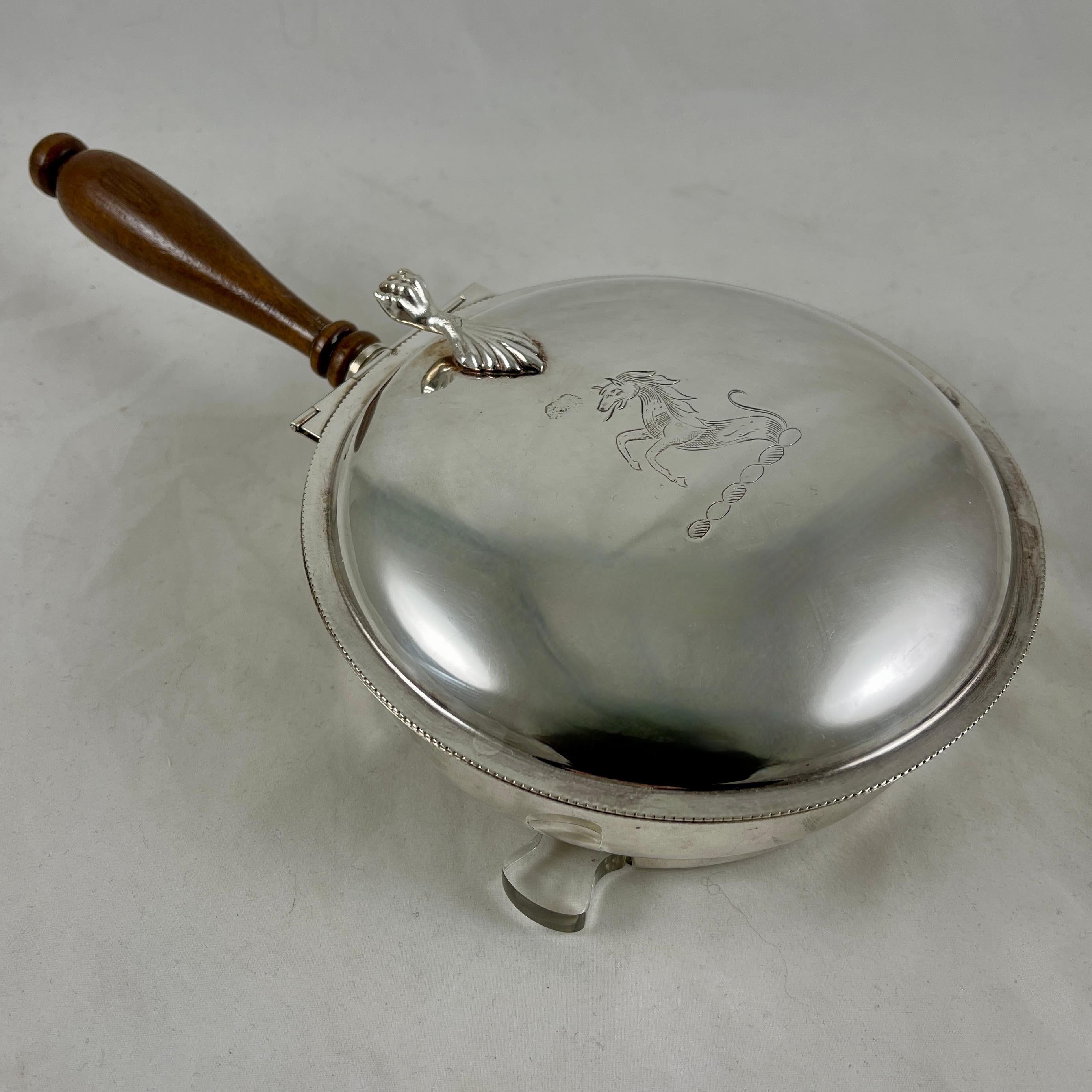 International Style Silver Plate Silent Butler Table Crumber with Hidden Lucite Brush For Sale