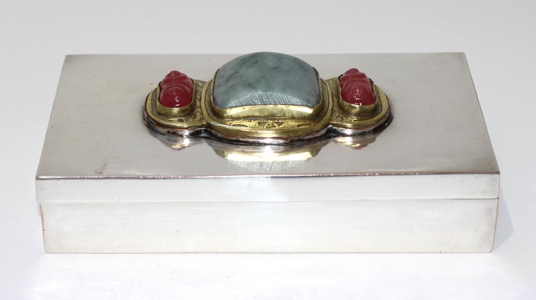 Hollywood Regency Silver Plate Storage Box with Chinese Jade For Sale