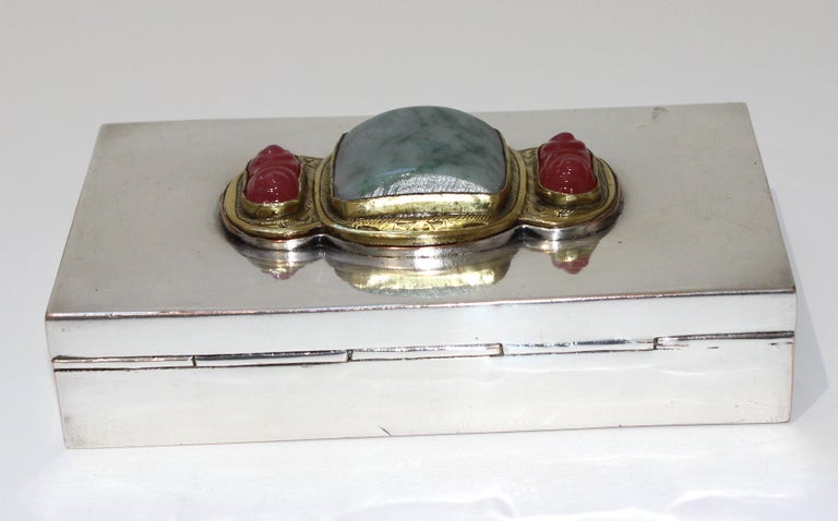 Hand-Crafted Silver Plate Storage Box with Chinese Jade For Sale
