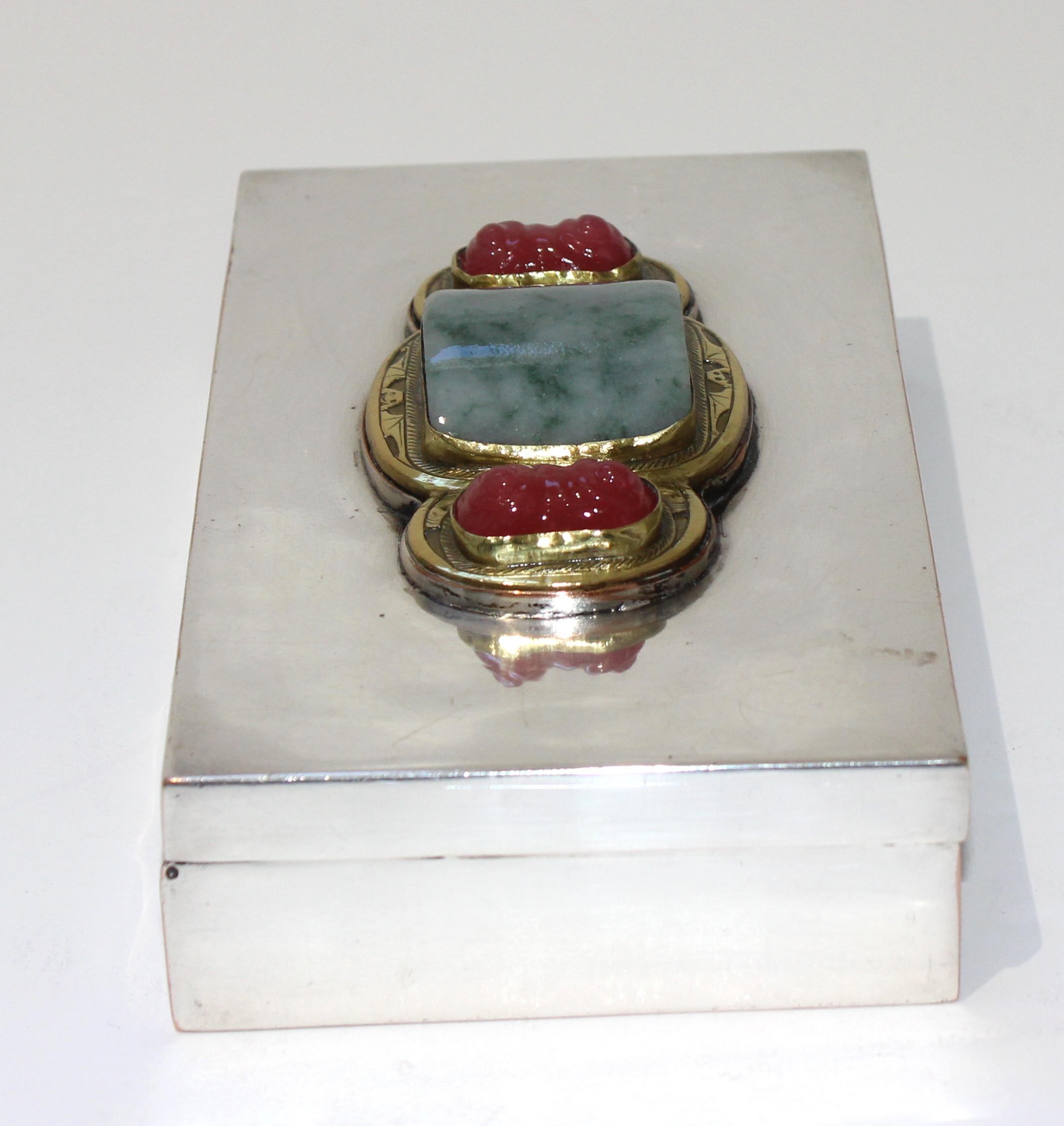 Hand-Crafted Silver Plate Storage Box with Chinese Jade