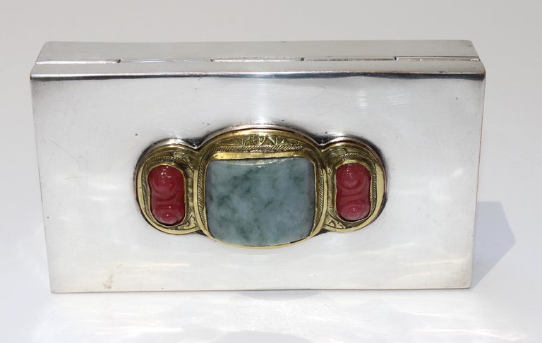 Silver Plate Storage Box with Chinese Jade For Sale 1