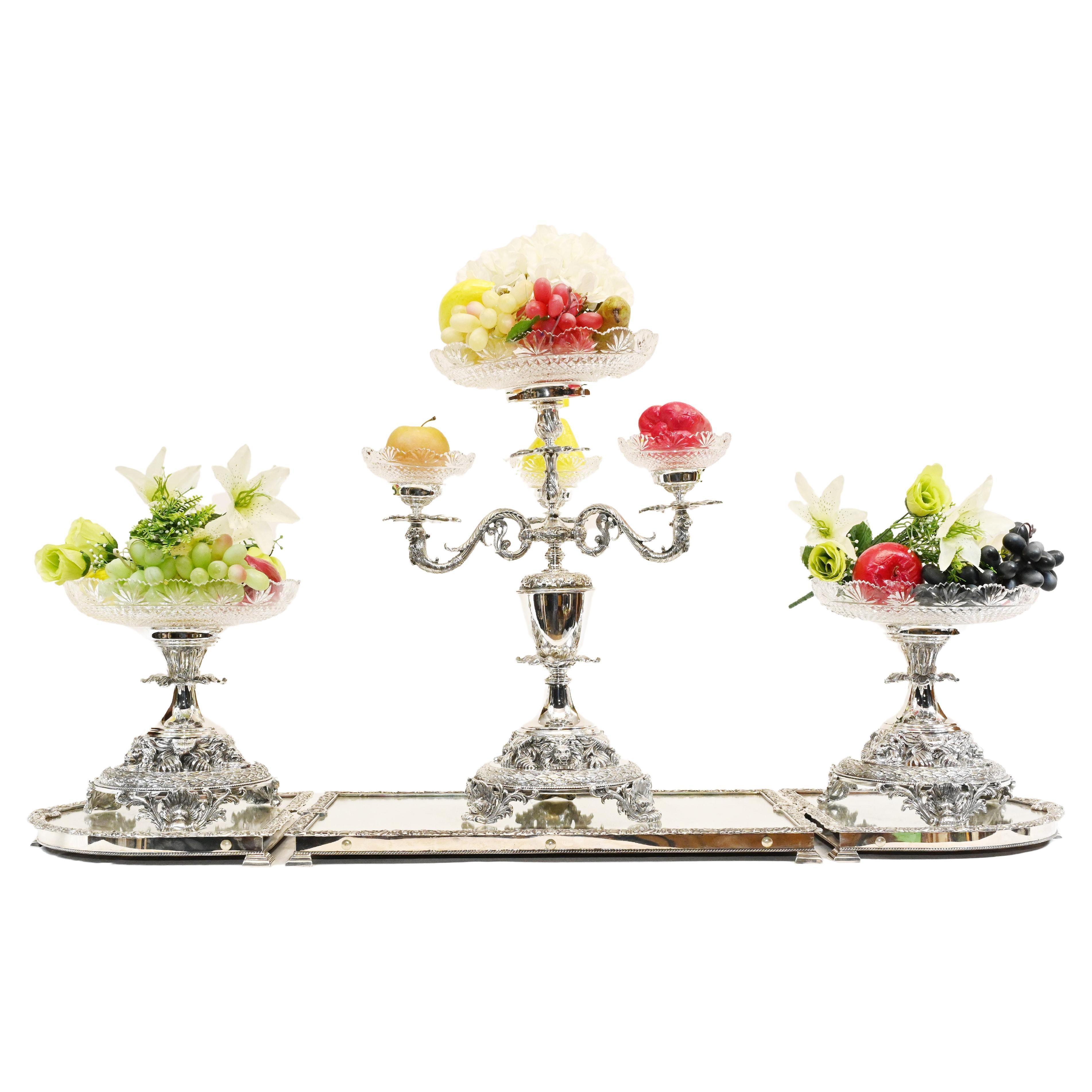 Silver Plate Table Centrepiece Glass Sheffield Epergne Dish For Sale