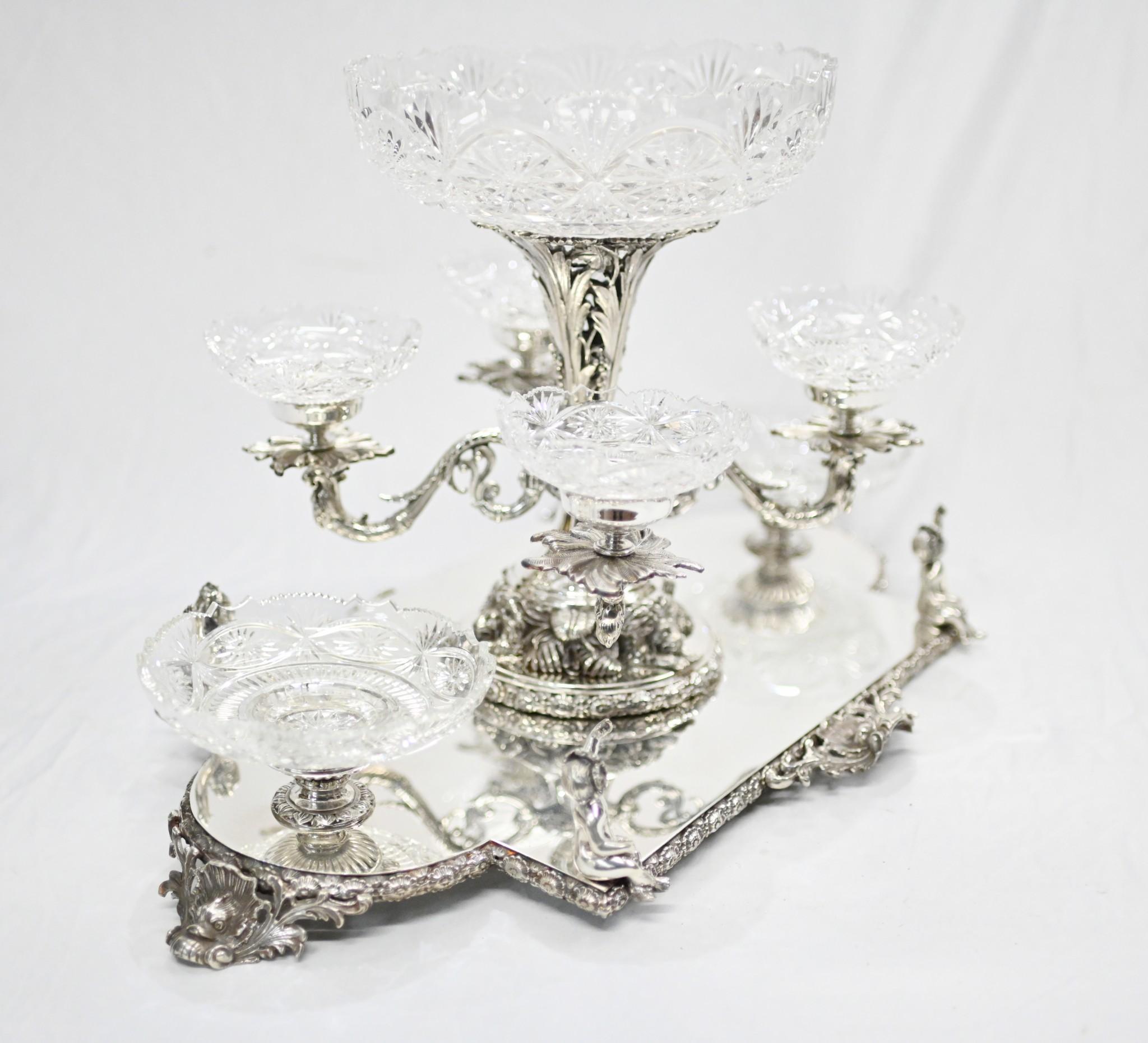 Silver Plate Table Centrepiece Sheffield Cherub Glass Epergne 3