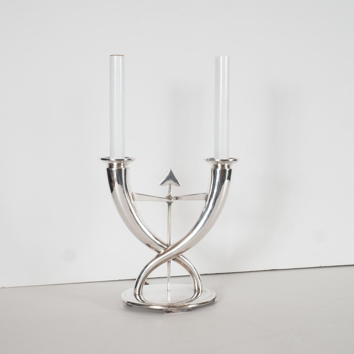 Silver plate arrow and horn candelabra style table lamp by Gio Ponti for Gallia / Christofle. Signed.