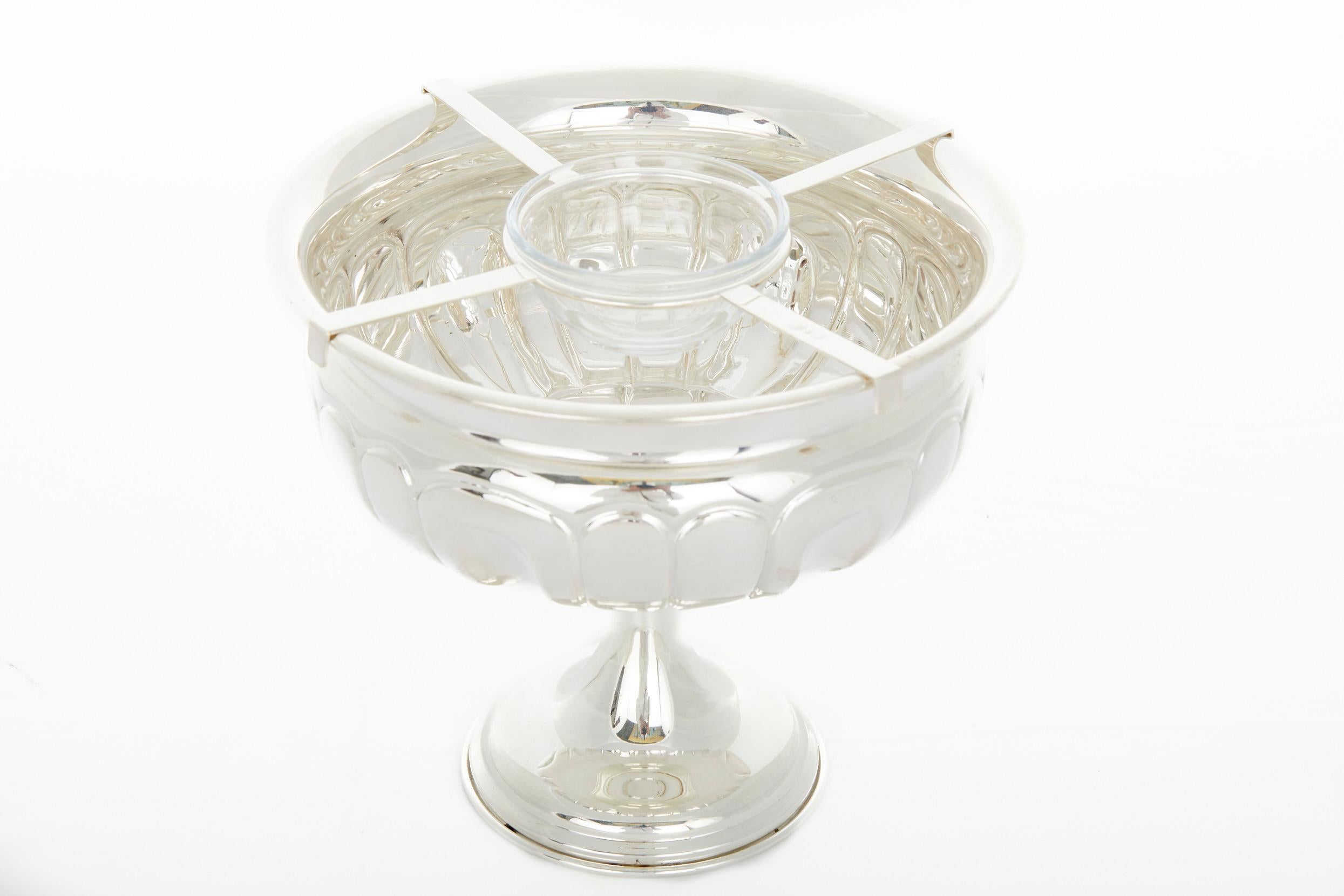 Beautiful Hand made Silver Plated three piece barware / tableware caviar service . The caviar piece features a round footed base with exterior design details and glass caviar bowl . The piece is in great condition . Minor wear . Maker's mark