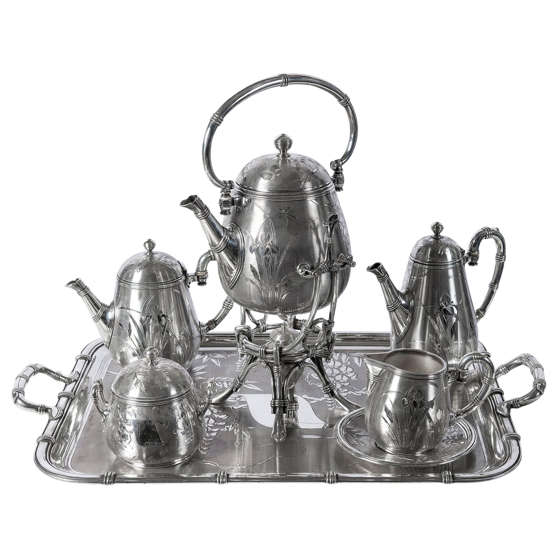 Silver Plate Tea and Coffee Set, Bamboo Model by Christofle, France, circa 1890