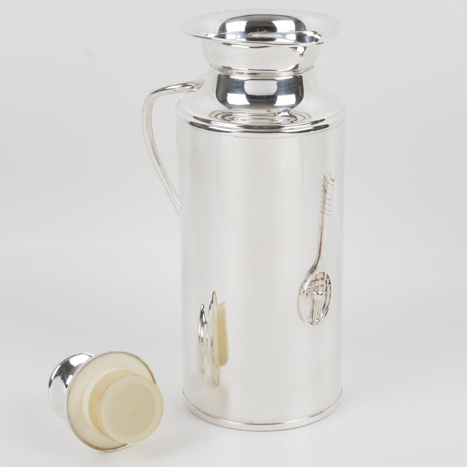 Silver Plate Thermos Insulated Decanter with Tennis Motif, Italy 1980s In Good Condition For Sale In Atlanta, GA