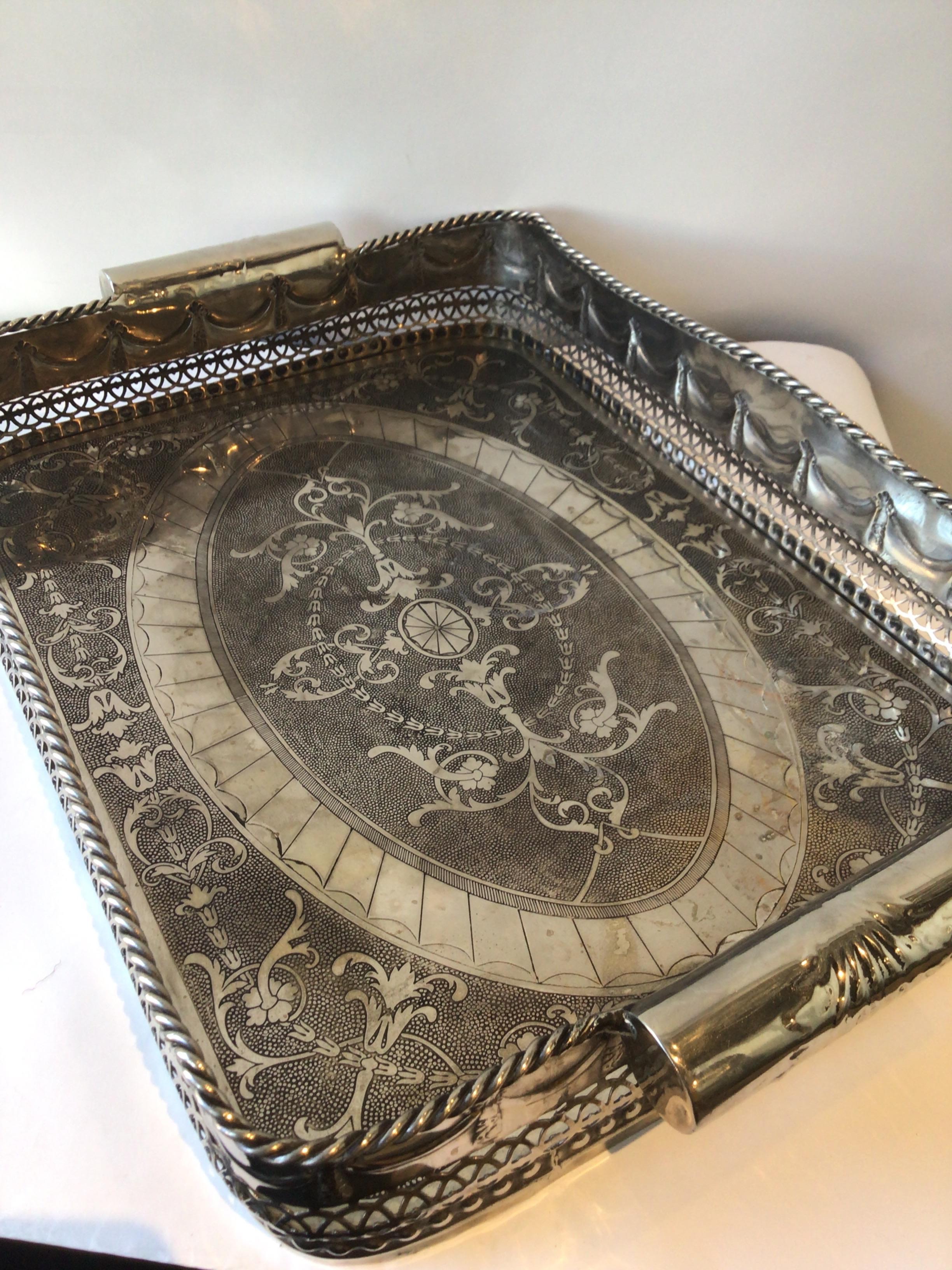 Silver Plate Tray with High Gallery In Good Condition In Tarrytown, NY