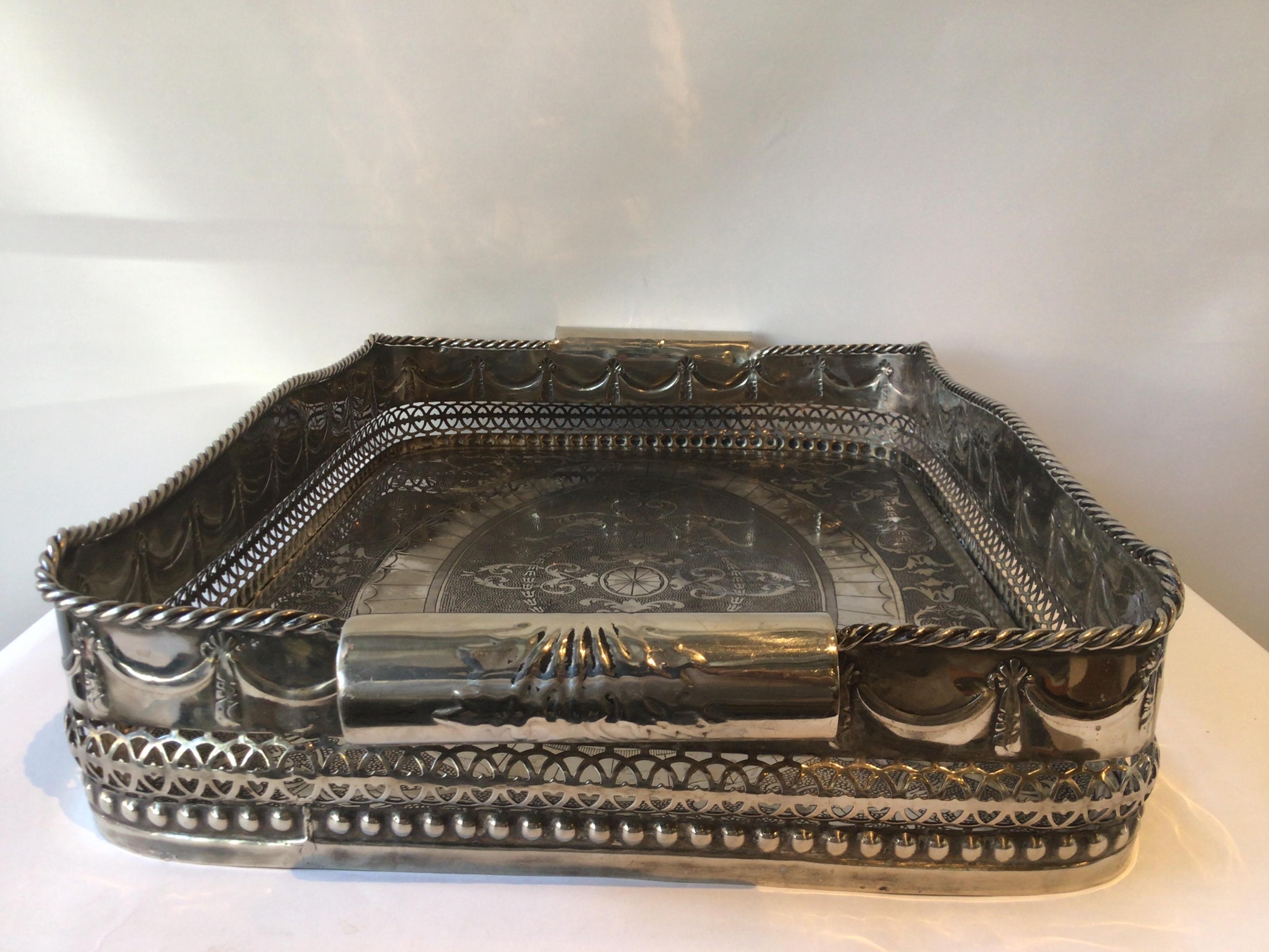 Late 20th Century Silver Plate Tray with High Gallery