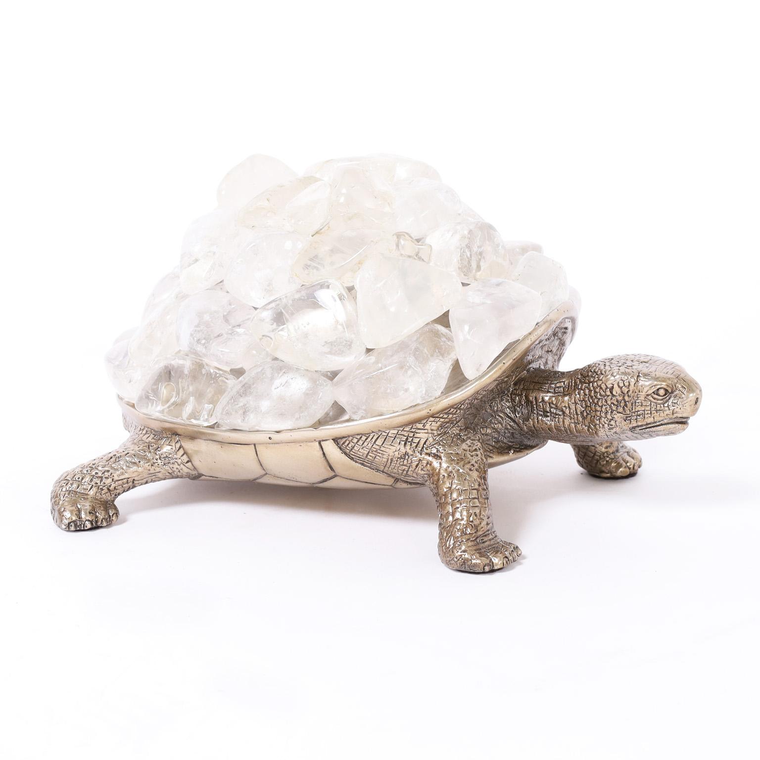 Victorian Silver Plate Turtle with Crystal Rocks For Sale