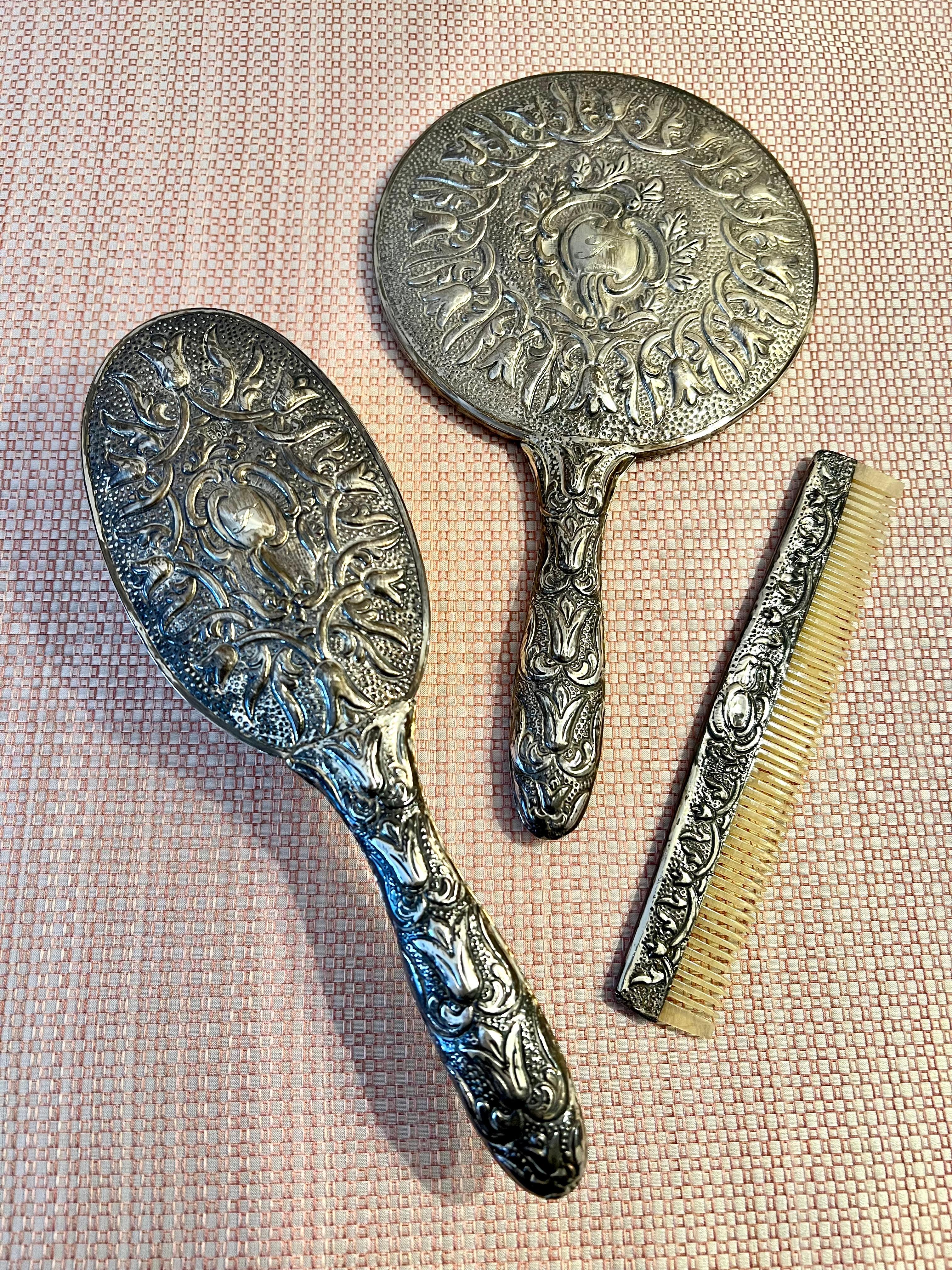 vintage silver mirror and brush set