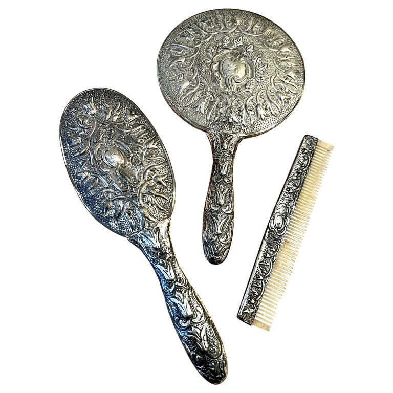 Silver-Plate Vanity Set With Comb, Brush and Mirror For Sale  display picture 1