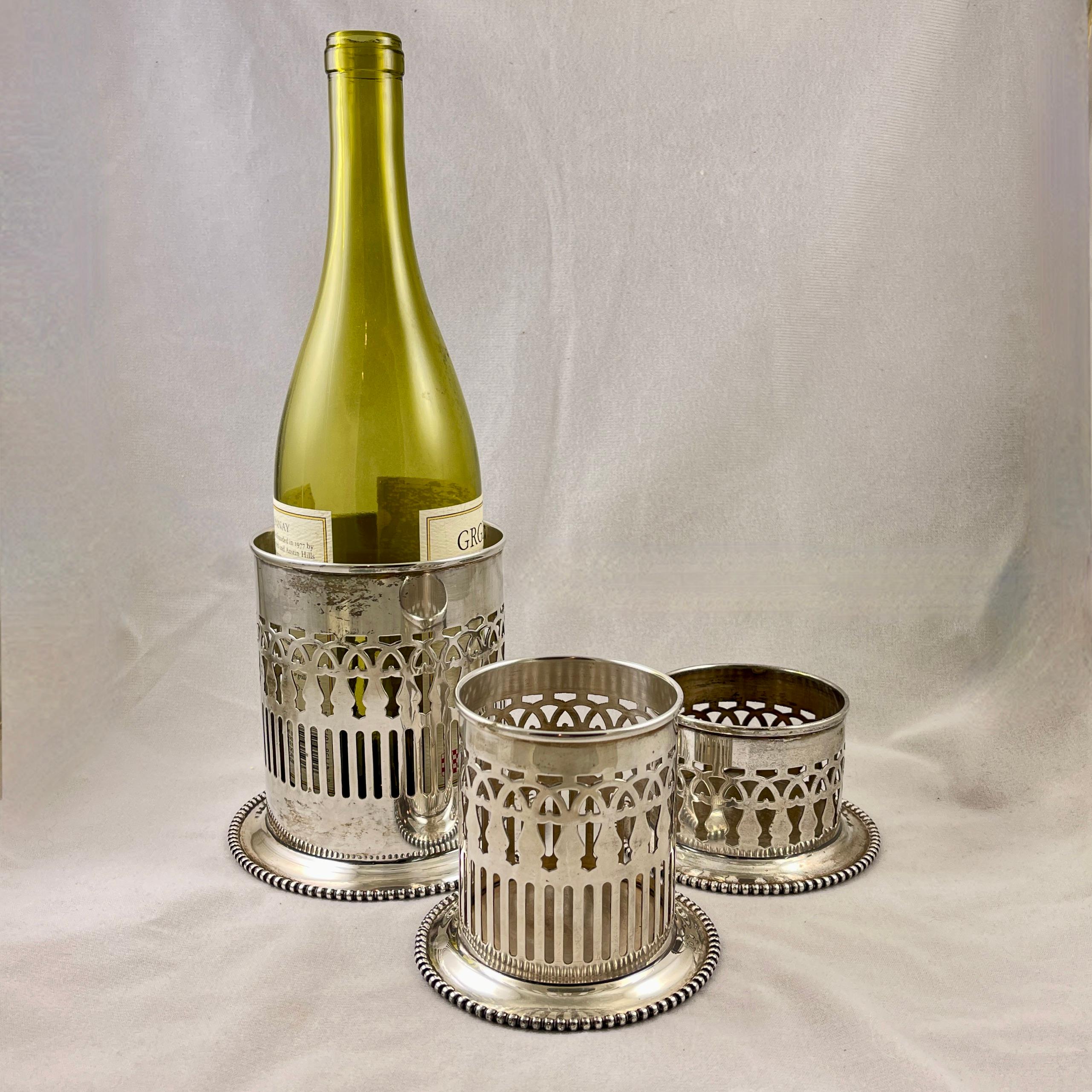 International Style Silver-Plate Wine & Condiment Bottle Table Coasters, Set of Three For Sale