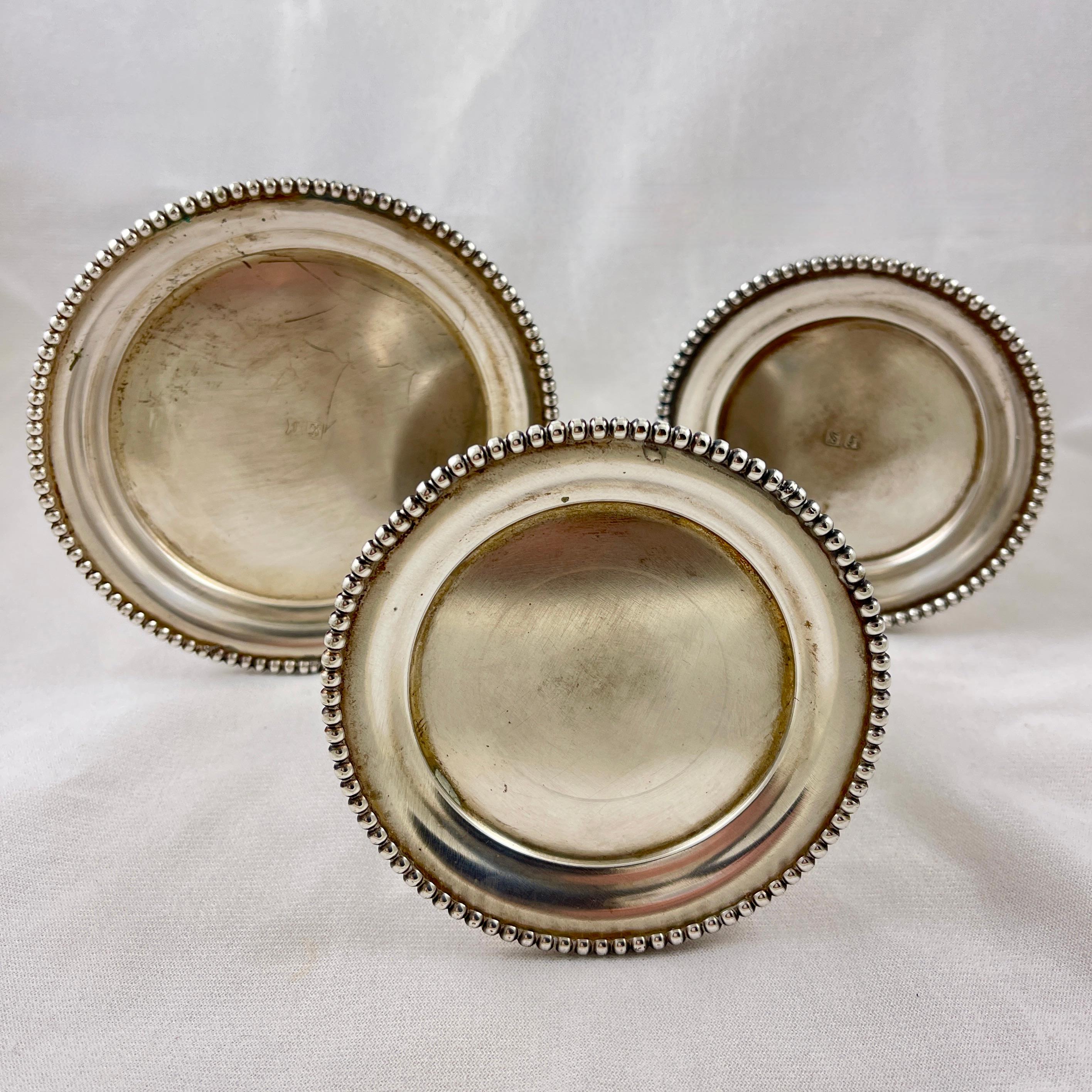 Silver Plate Silver-Plate Wine & Condiment Bottle Table Coasters, Set of Three For Sale