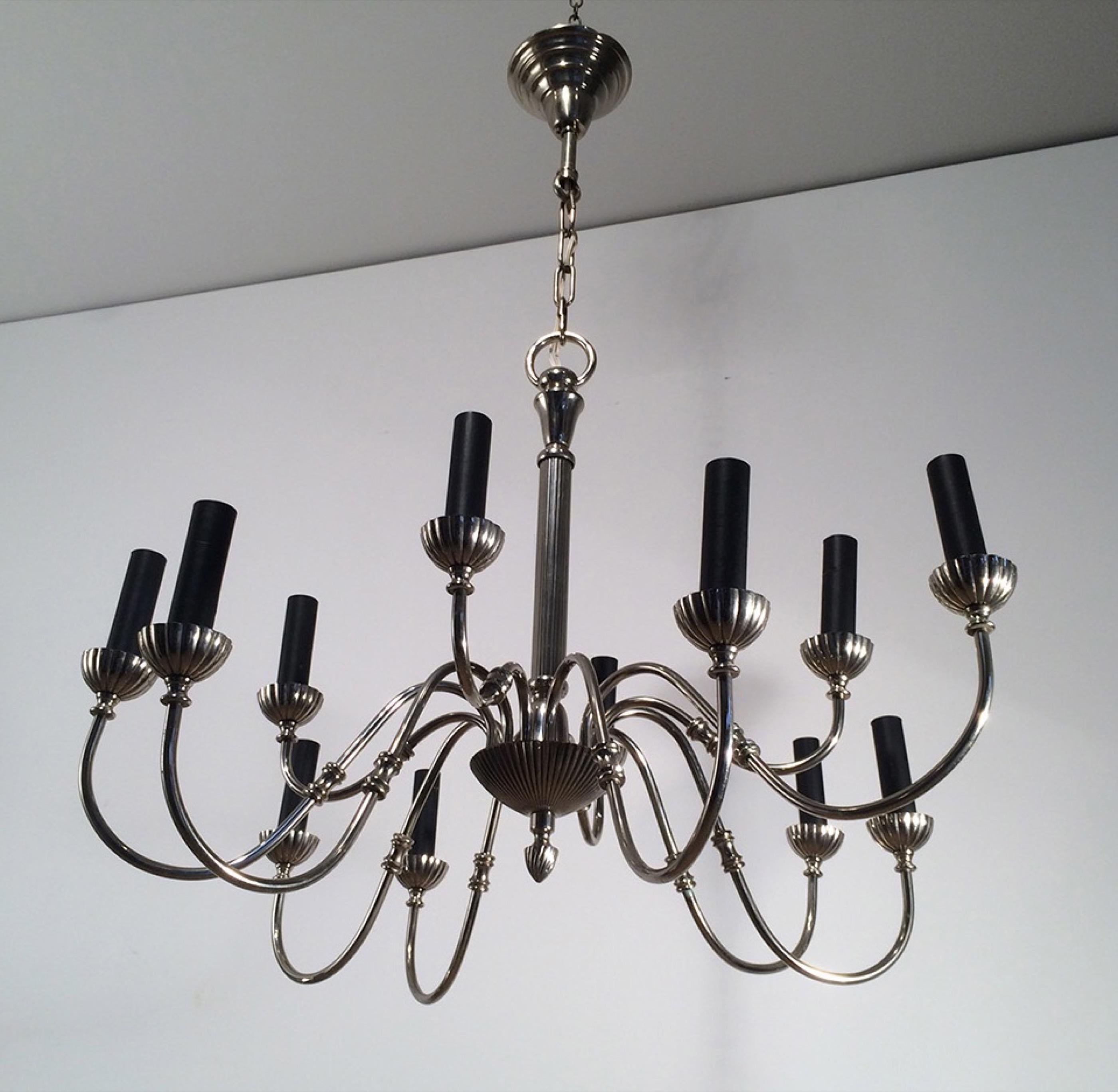 Silver Plated 12-Light Neoclassical Chandelier, circa 1940 For Sale 5
