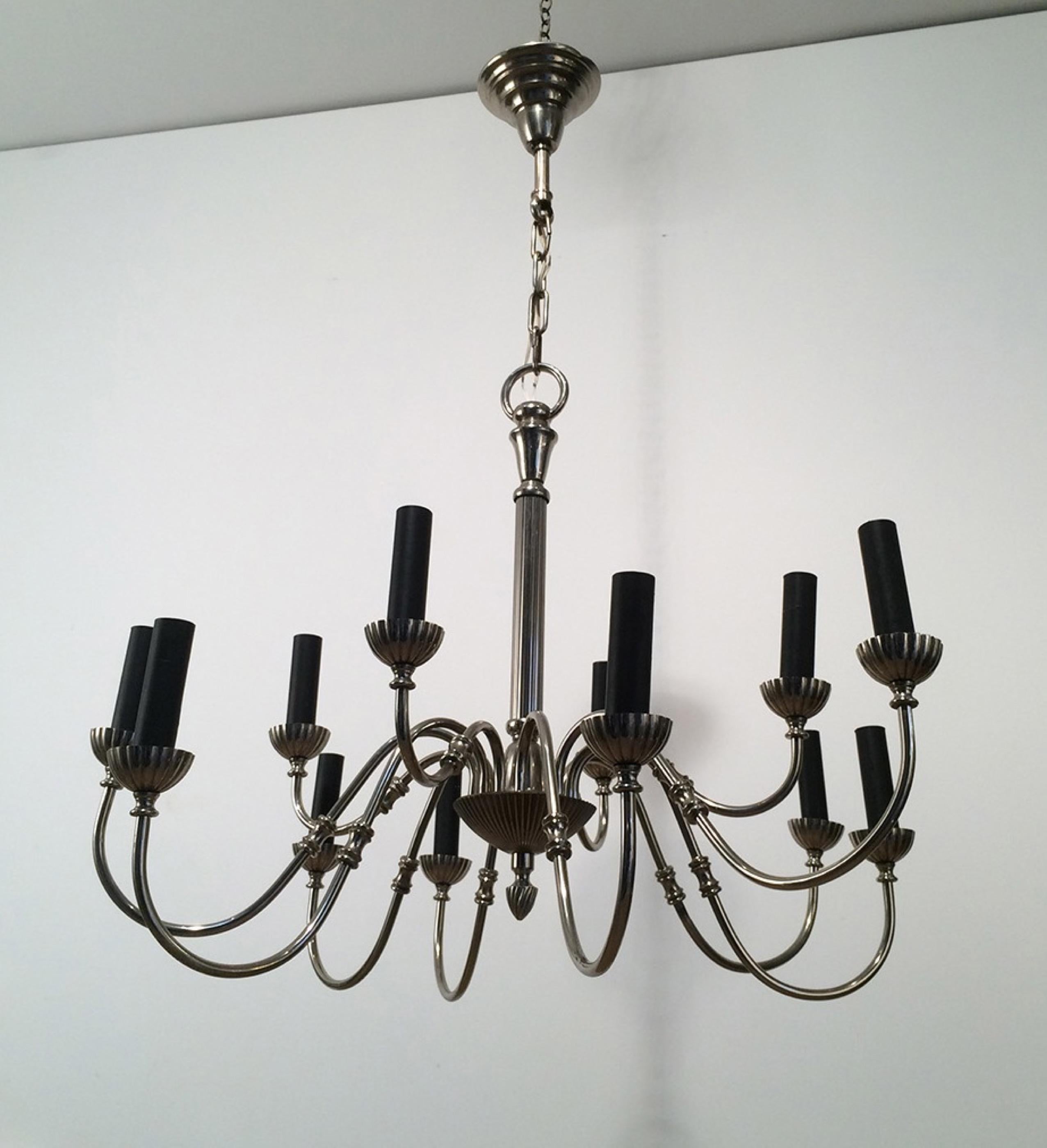Silver Plated 12-Light Neoclassical Chandelier, circa 1940 For Sale 8