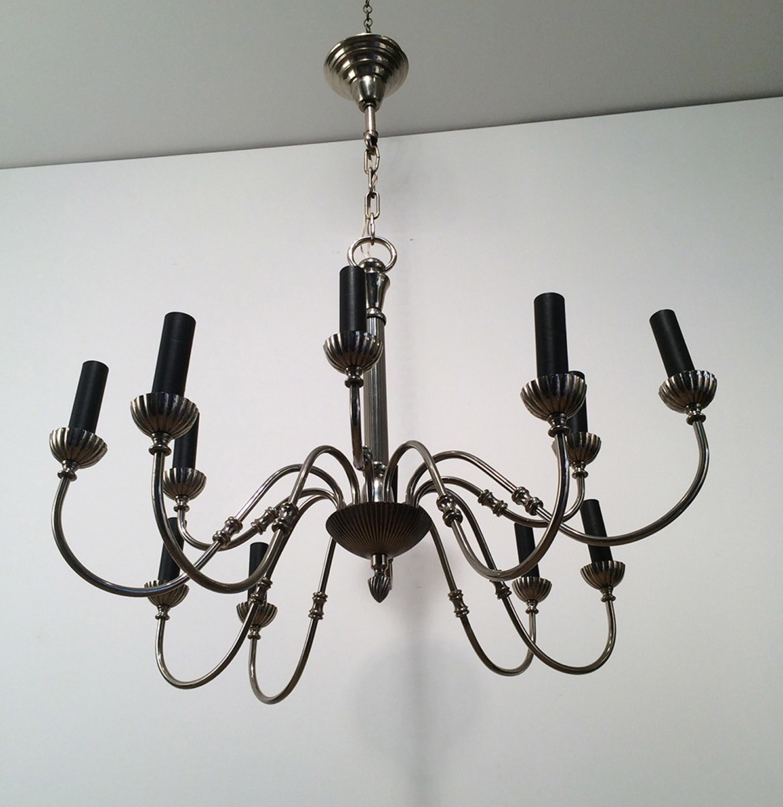 Silver Plated 12-Light Neoclassical Chandelier, circa 1940 For Sale 9