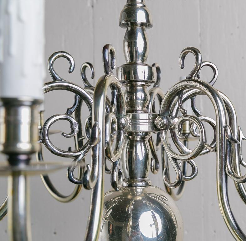 Colonial Revival Silver-Plated 6-Arm Chandelier in Simple, Classic Dutch Design
