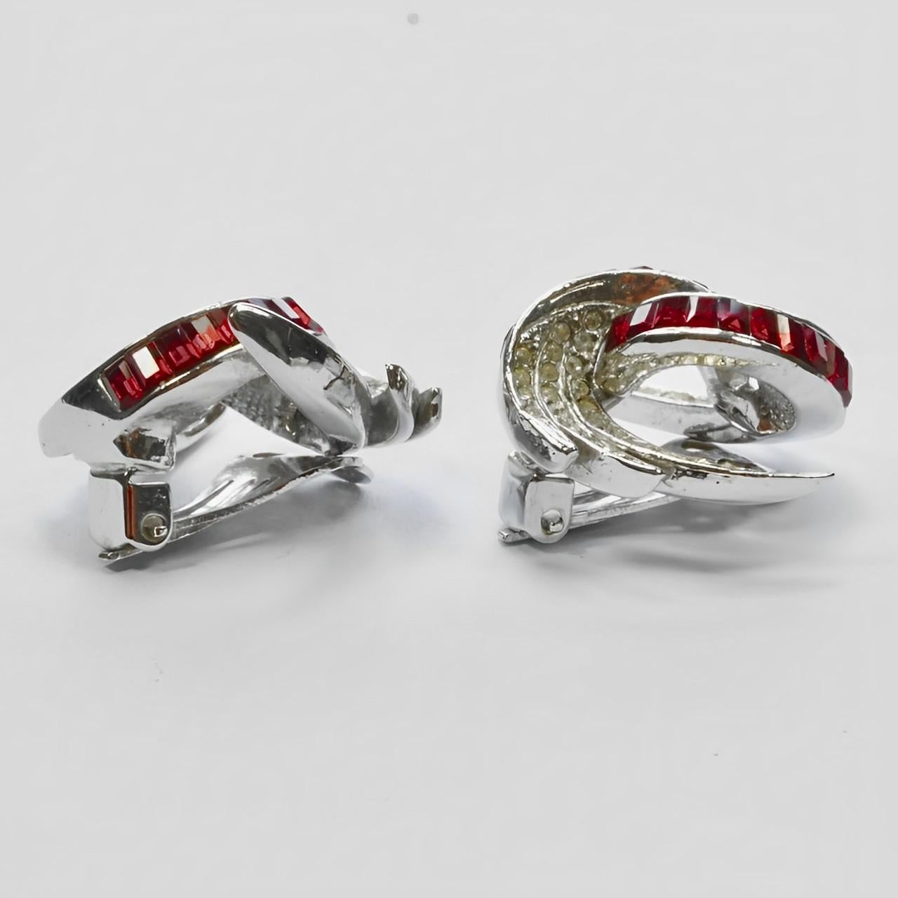 Silver Plated Abstract Feather Design Earrings with Red and Clear Rhinestones For Sale 1