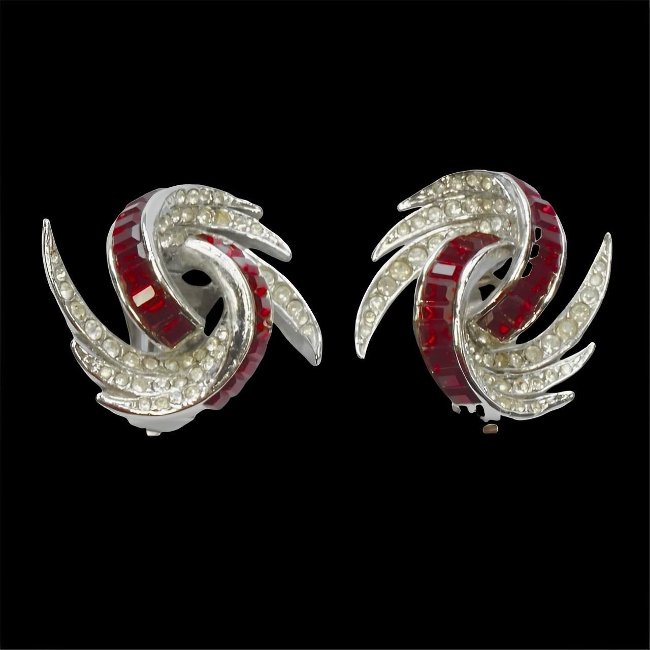 Silver Plated Abstract Feather Design Earrings with Red and Clear Rhinestones For Sale 2