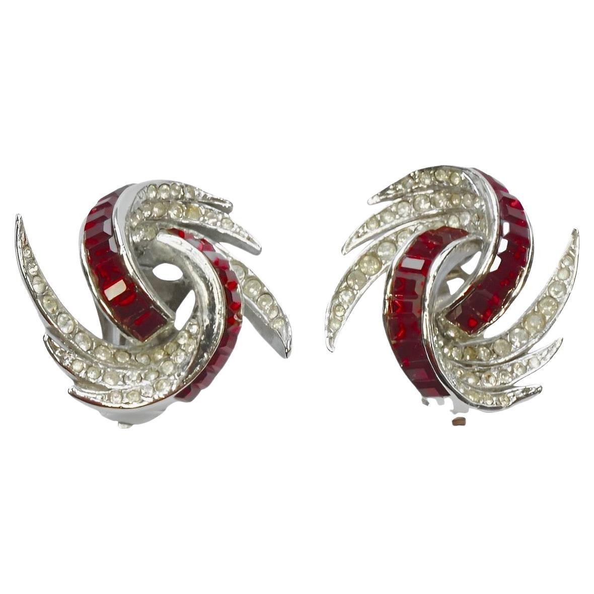 Silver Plated Abstract Feather Design Earrings with Red and Clear Rhinestones For Sale