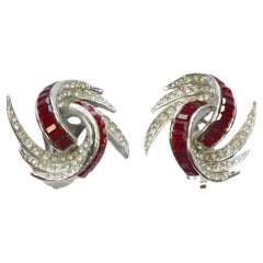 Silver Plated Abstract Feather Design Earrings with Red and Clear Rhinestones