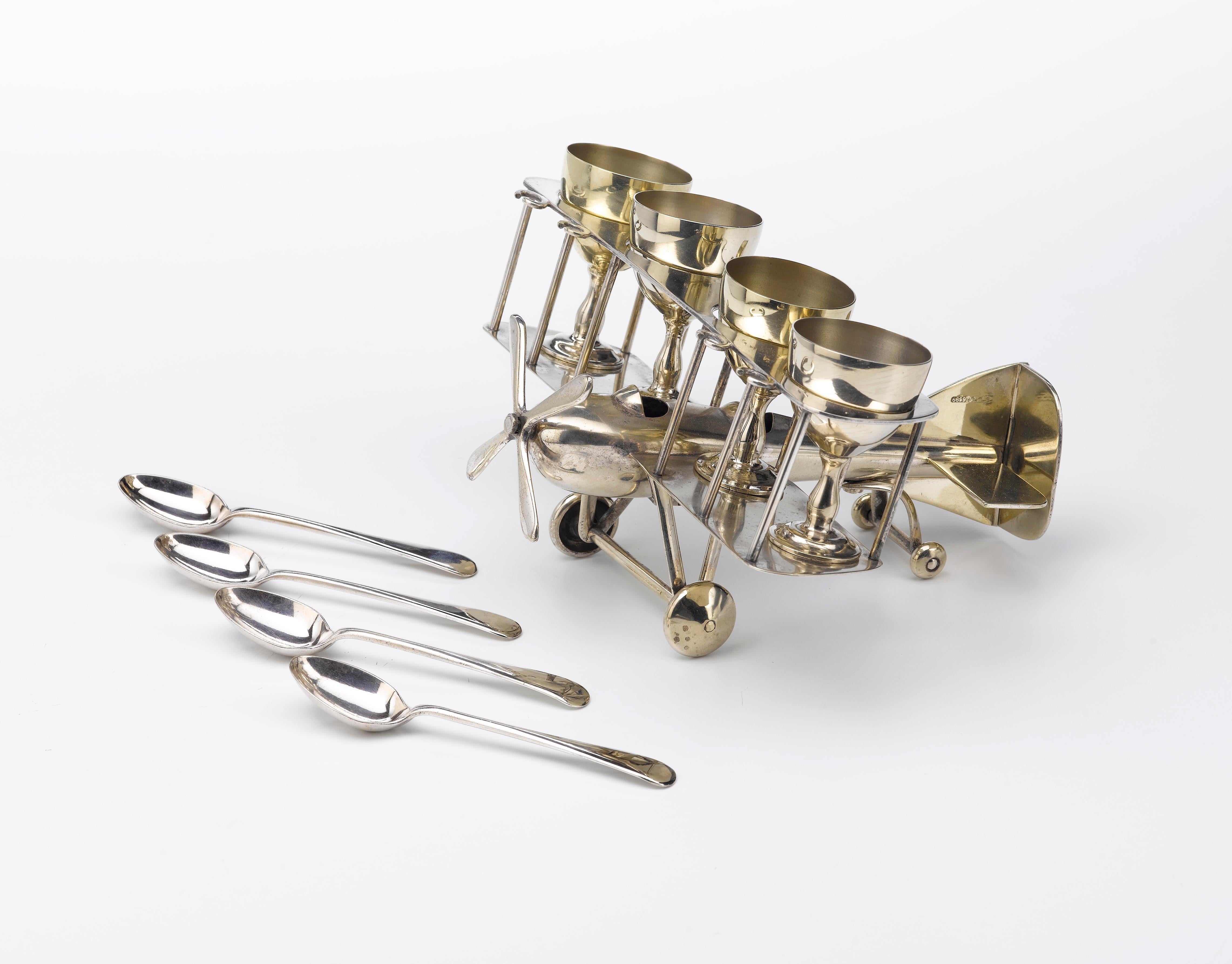 Early 20th Century Silver Plated Airplane-Themed Tableware, circa 1910 For Sale