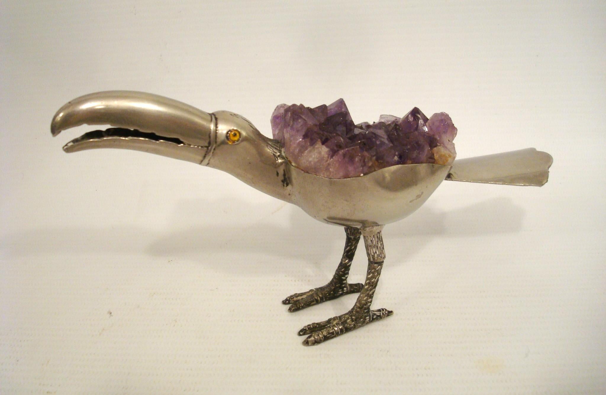 Mid-Century moderno Uccello decorativo placcato in argento e ametista, Brasile, circa 1970 in vendita