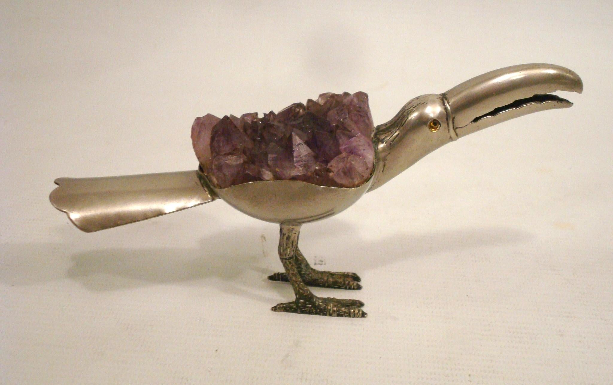 Calco Uccello decorativo placcato in argento e ametista, Brasile, circa 1970 in vendita