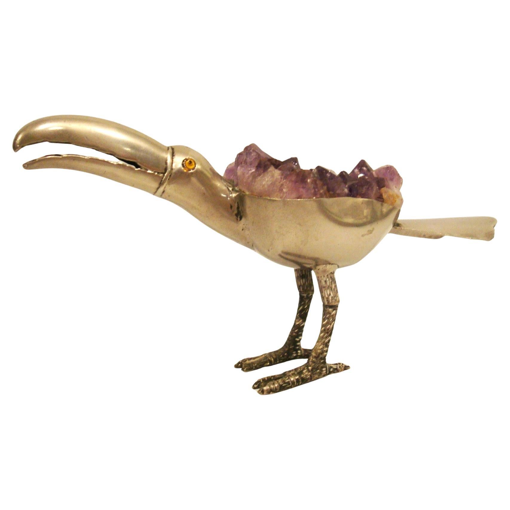 Uccello decorativo placcato in argento e ametista, Brasile, circa 1970