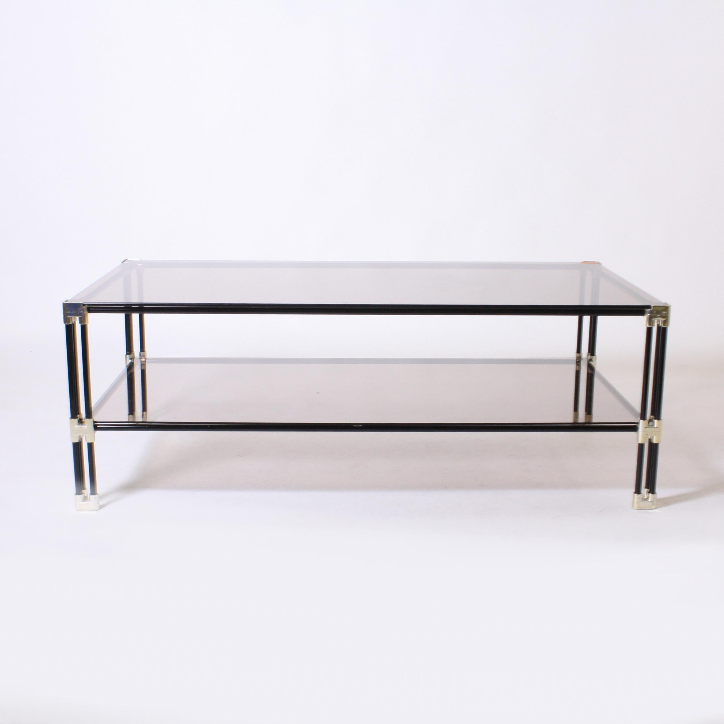 Silver Plated and Black Metal Coffee Table with Glass Tops, circa 1950 In Good Condition In Dallas, TX