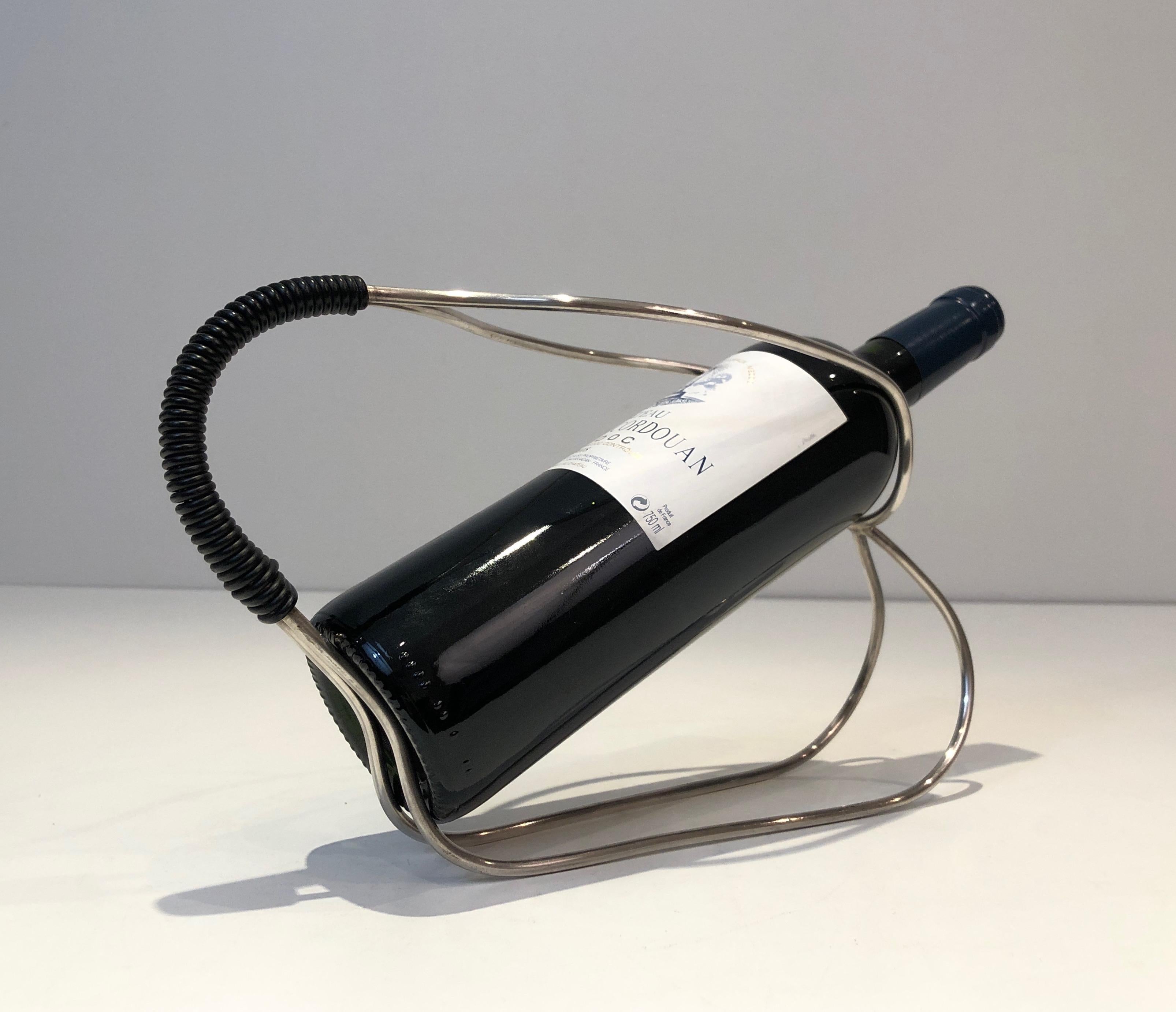 Late 20th Century Silver Plated and Black Plastic Bottle Holder, French Work, Circa 1970 For Sale