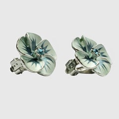 Silver Plated and Blue Enamel Flower Clip On Earrings with Blue Rhinestones