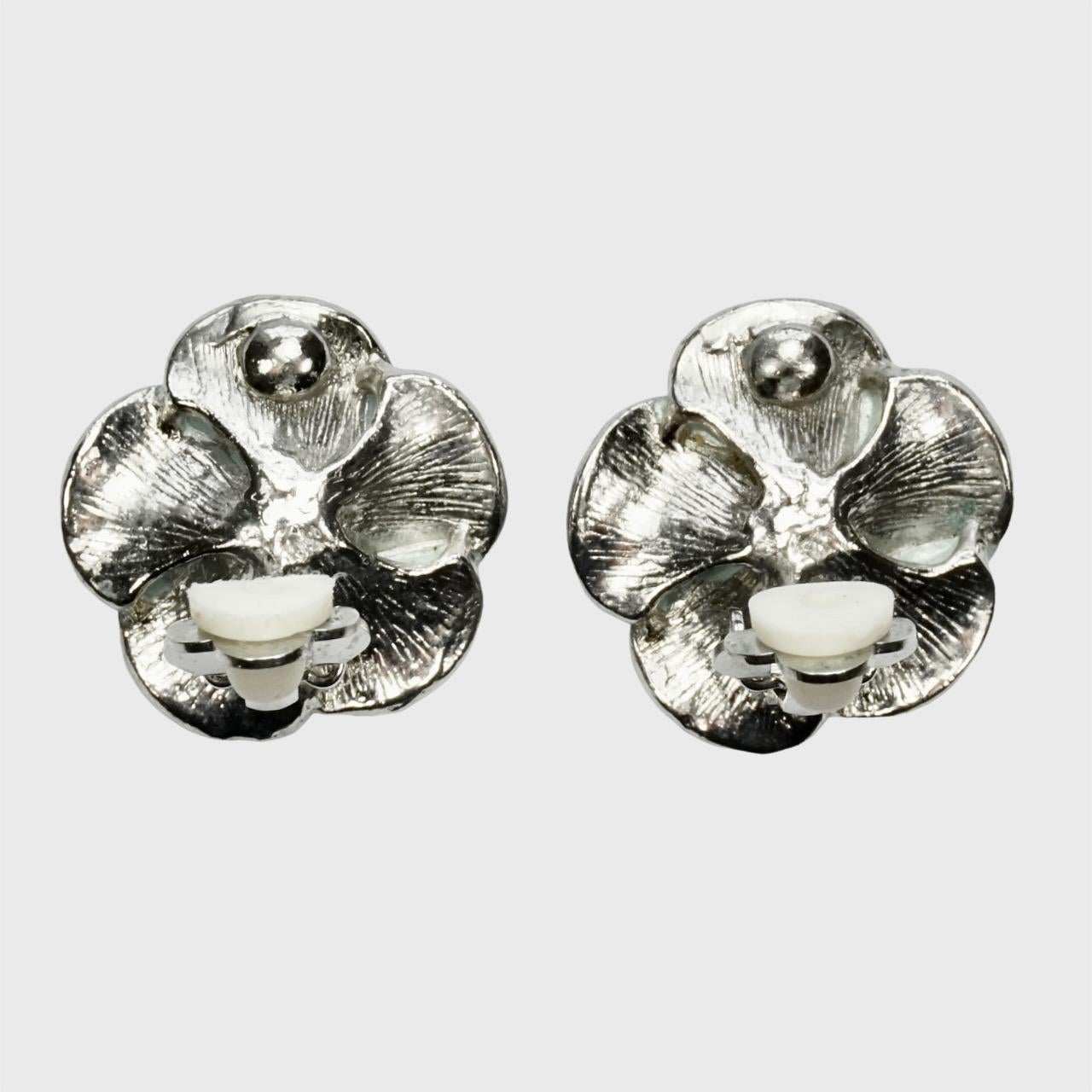 Women's or Men's Silver Plated and Blue Enamel Flower Clip On Earrings with Blue Rhinestones For Sale