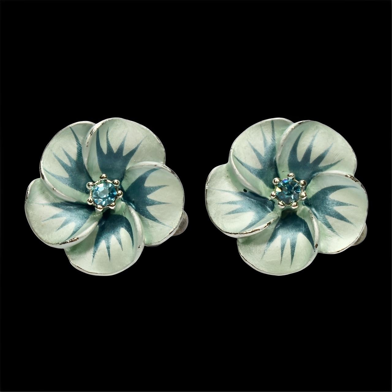Silver Plated and Blue Enamel Flower Clip On Earrings with Blue Rhinestones For Sale 1