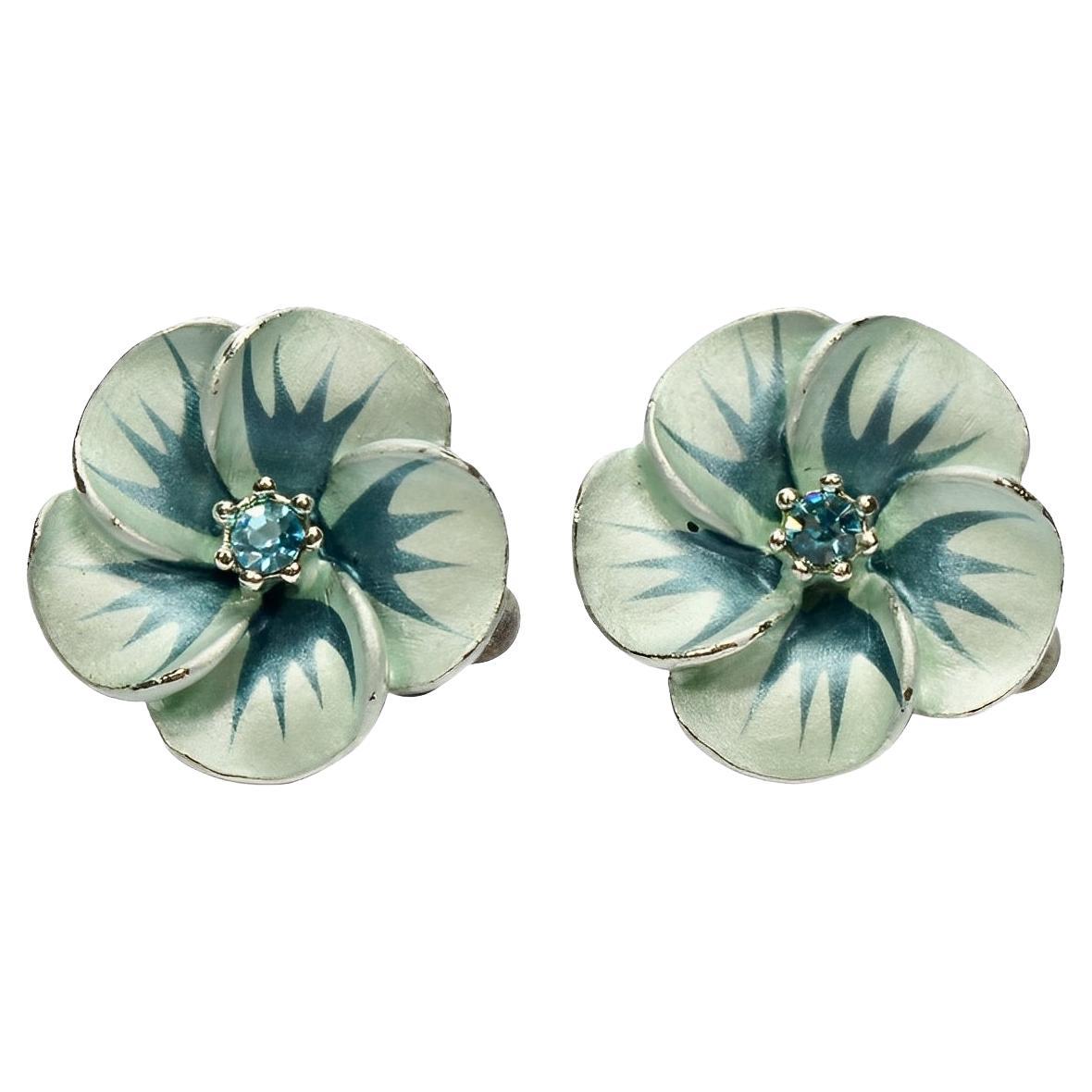 Silver Plated and Blue Enamel Flower Clip On Earrings with Blue Rhinestones