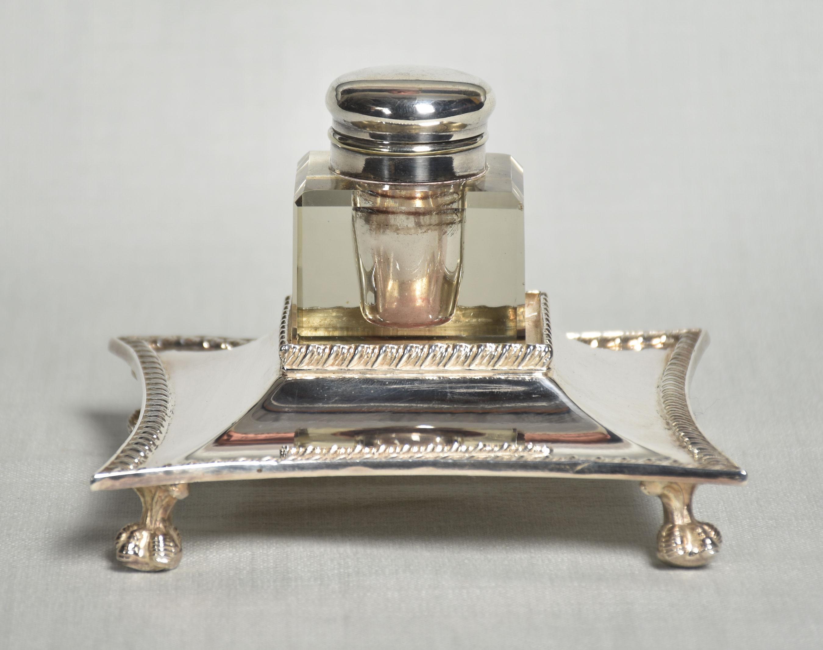 British Silver Plated and Clear Glass Ink Well by Walker and Hall For Sale