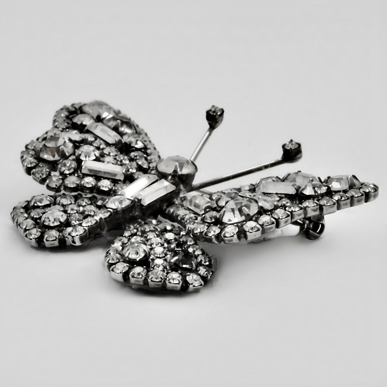 Women's or Men's Silver Plated and Clear Rhinestone Butterfly Brooch For Sale
