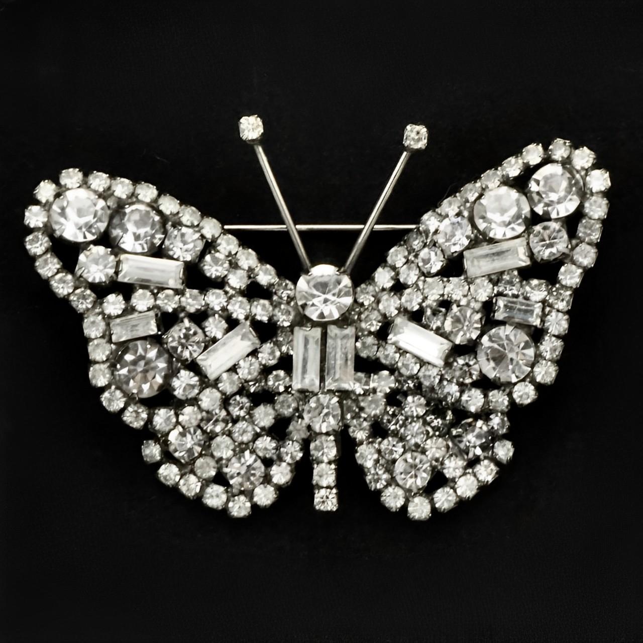 Silver Plated and Clear Rhinestone Butterfly Brooch For Sale 1