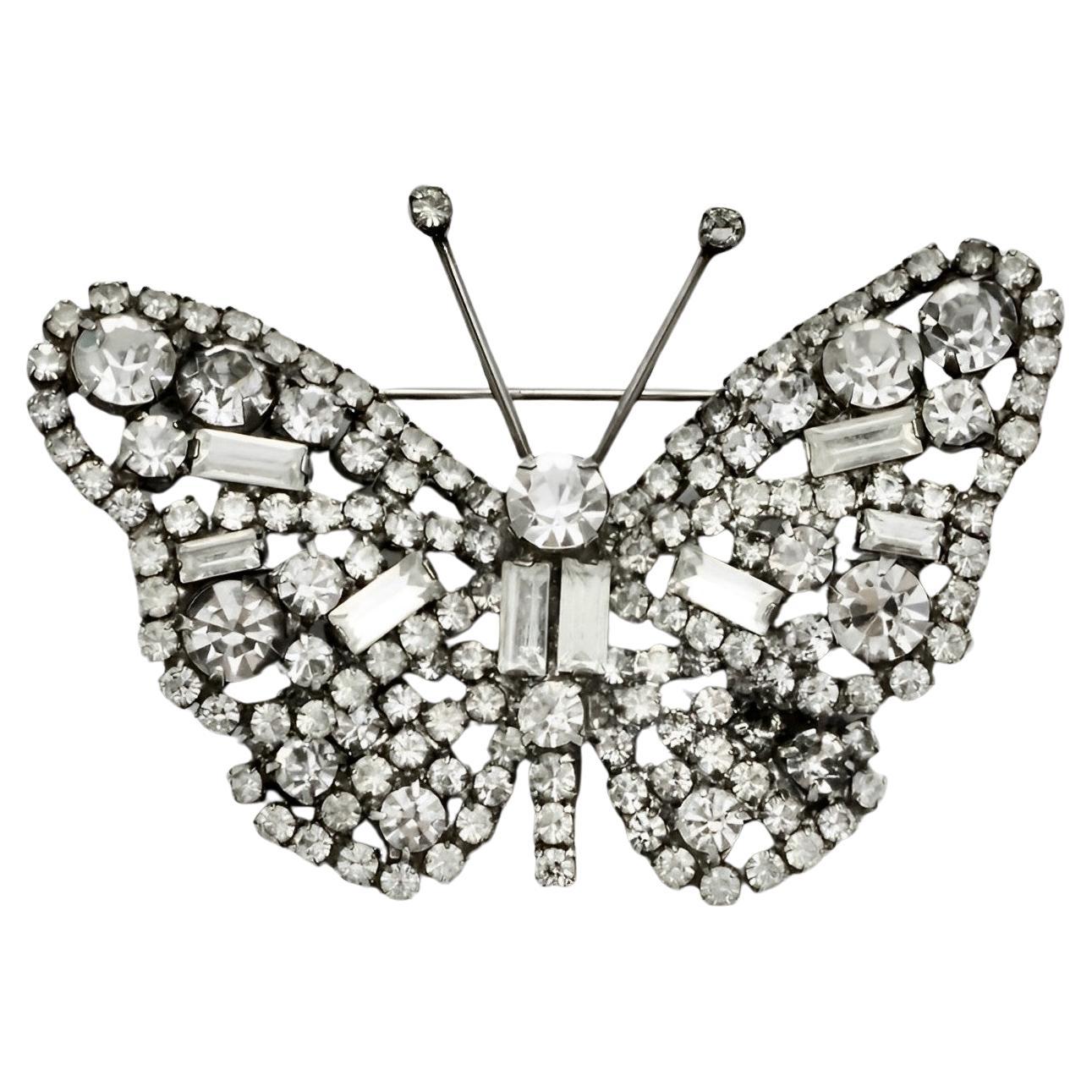 Silver Plated and Clear Rhinestone Butterfly Brooch For Sale