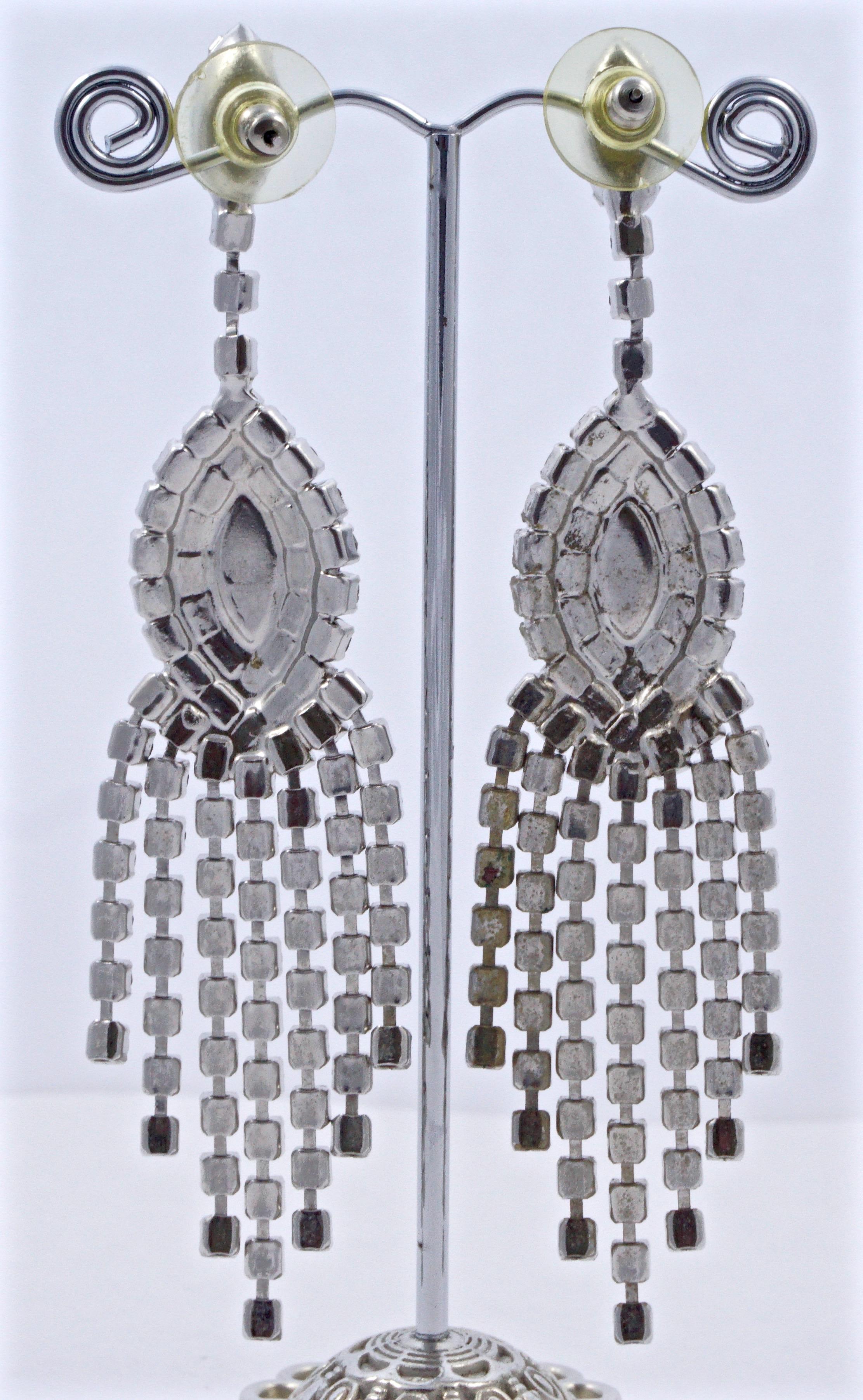Women's or Men's Silver Plated and Clear Rhinestone Chandelier Statement Earrings, circa 1970s  For Sale