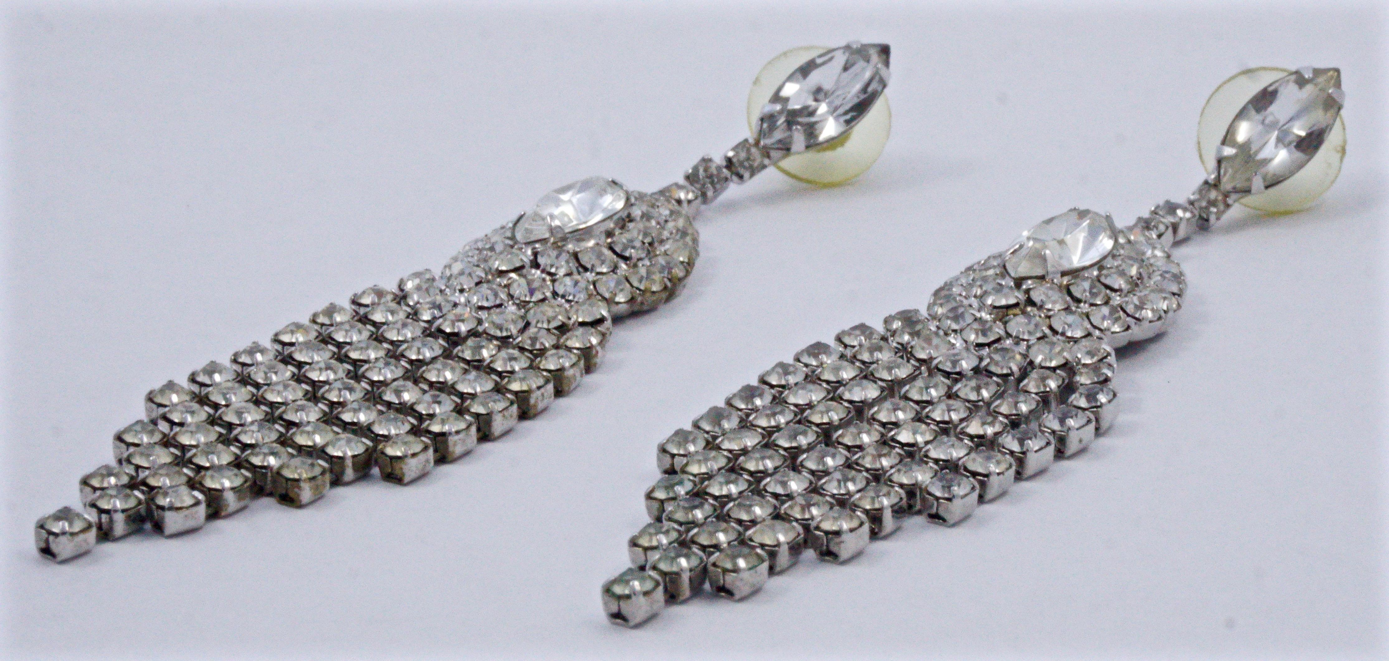 Silver Plated and Clear Rhinestone Chandelier Statement Earrings, circa 1970s  For Sale 1