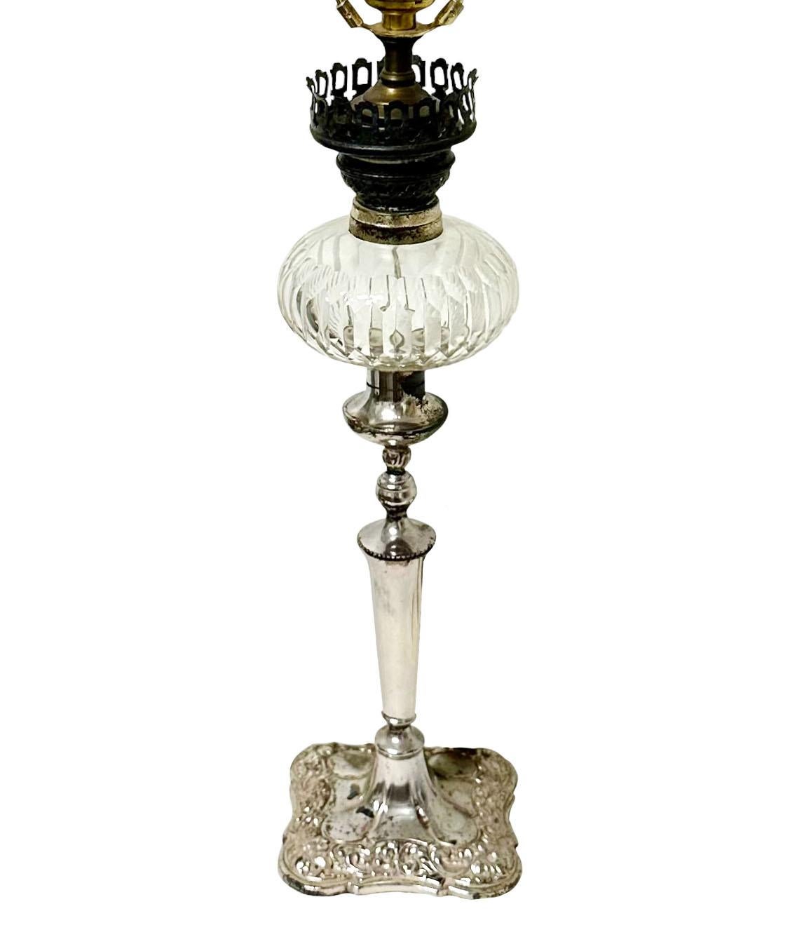 Bronzed Silver Plated And Crystal English Oil Lamp For Sale