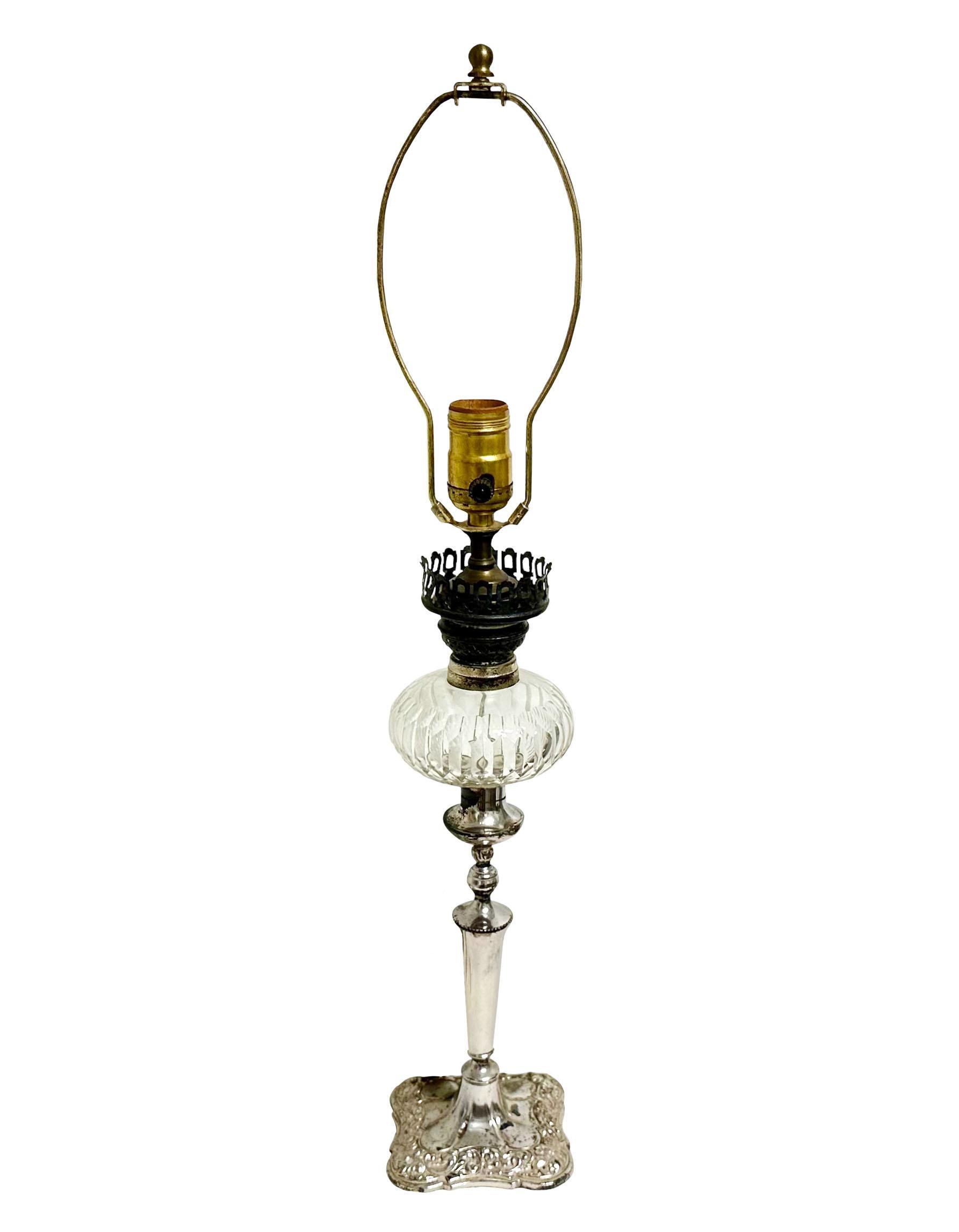 Late 19th Century Silver Plated And Crystal English Oil Lamp For Sale