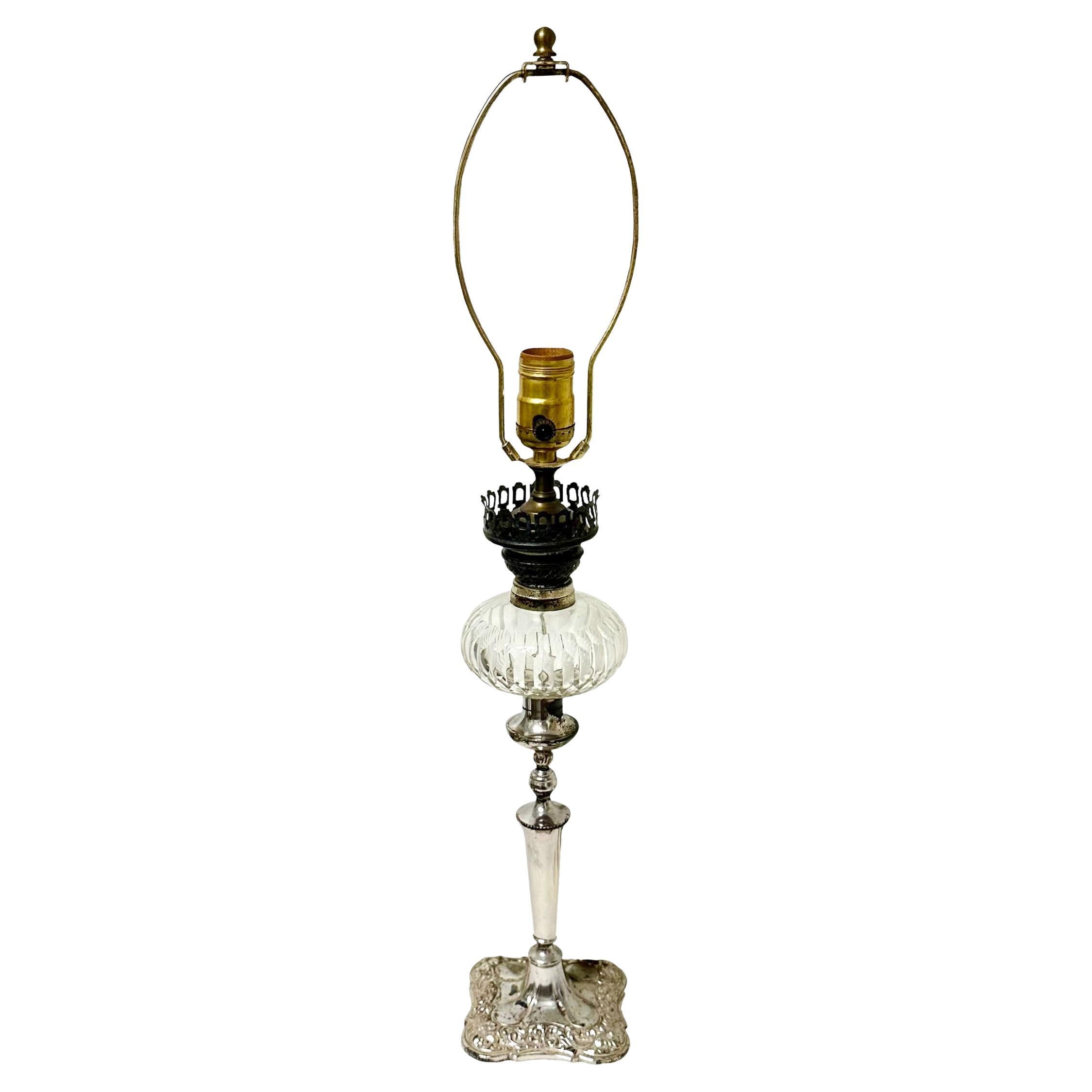 Silver Plated And Crystal English Oil Lamp