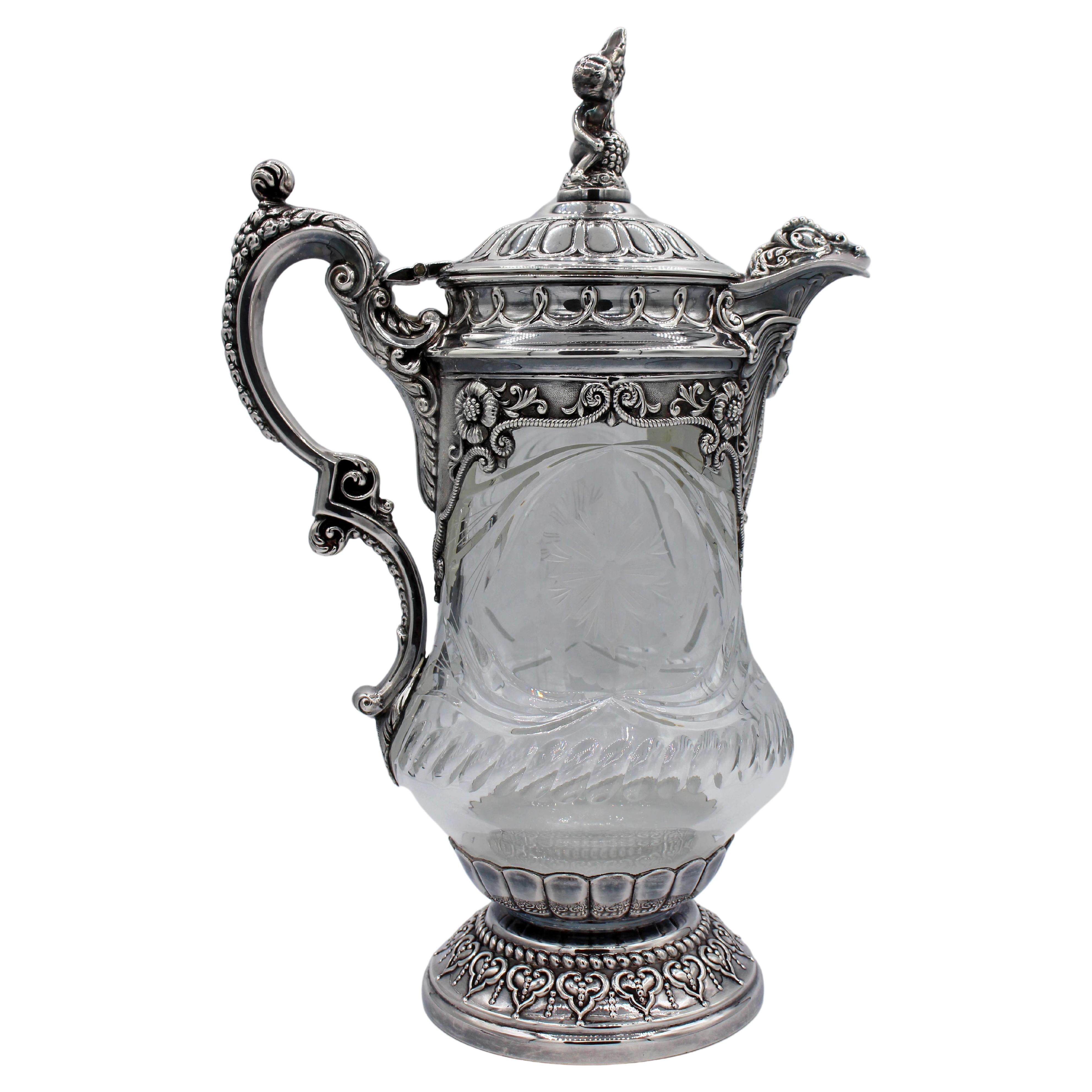 Circa 1890s Silver-Plated & Cut Glass Wine or Water Flagon by Topázio, Portugues