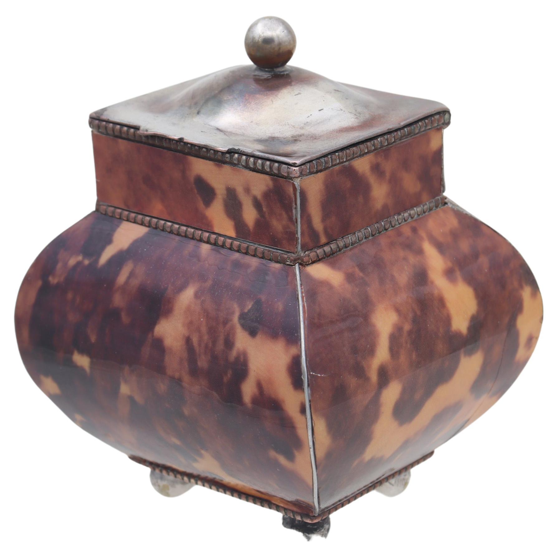 Silver plated and faux tortoiseshell tea canister For Sale
