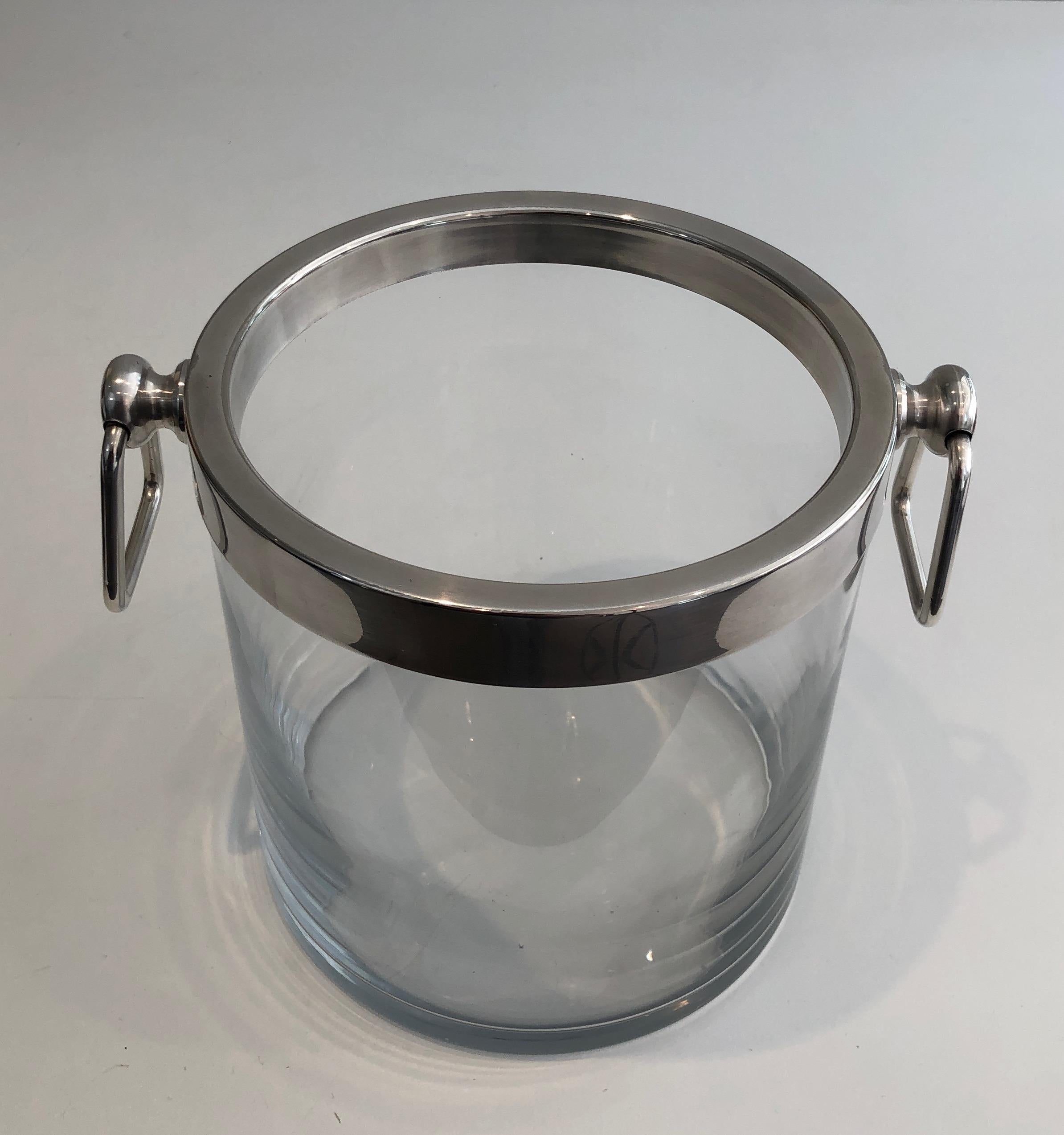 Mid-Century Modern Silver Plated and Glass Champagne Bucket, French, Circa 1970 For Sale