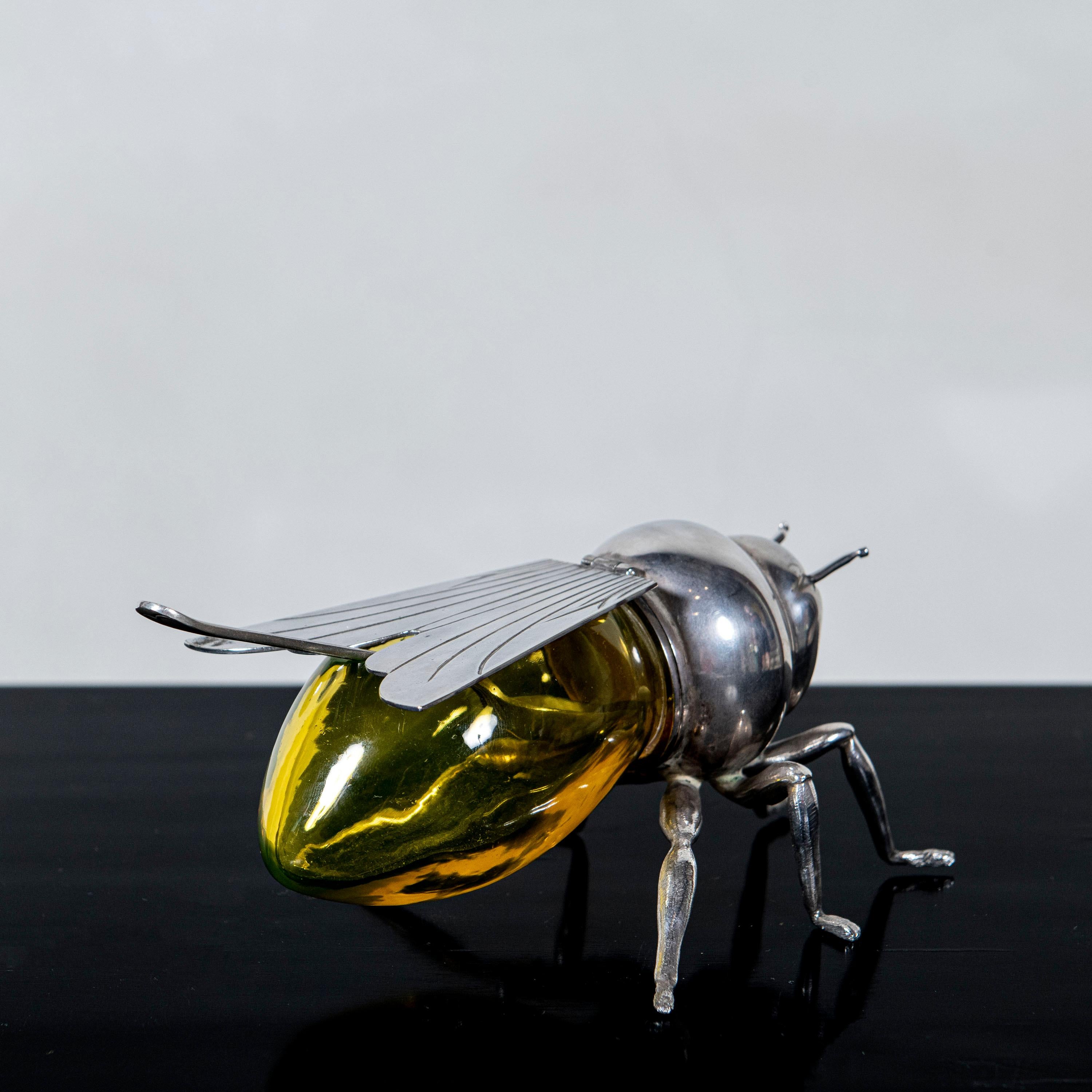Art Nouveau Silver Plated and Glass Honey Pot Bee by Mappin & Webb, England, circa 1900