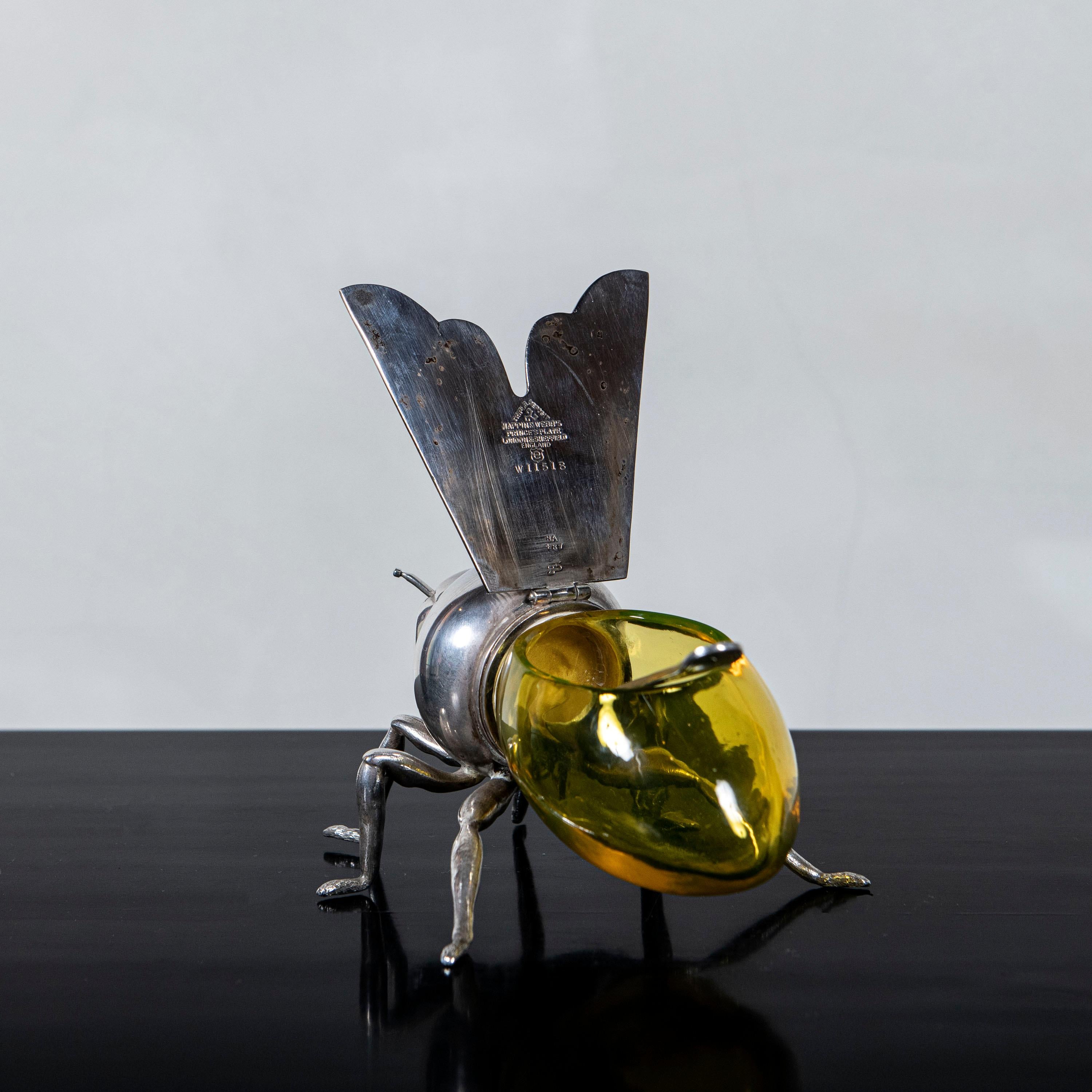 English Silver Plated and Glass Honey Pot Bee by Mappin & Webb, England, circa 1900